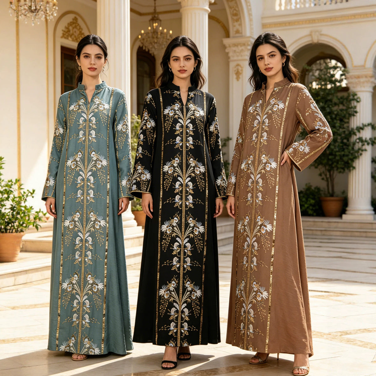 Vintage V-Neck Floral Embroidered Rayon Abaya Maxi Kaftan Dress for Muslim Women Elegant Ramadan Eid Celebration Gown - 251