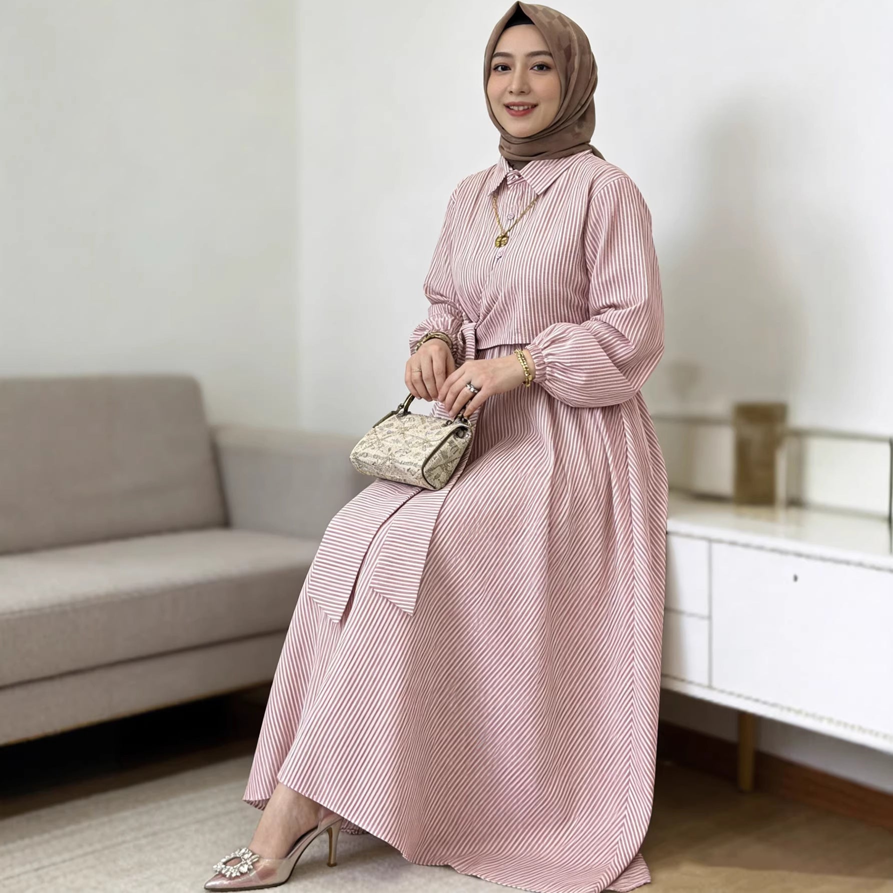 Striped Belted Button-Down Shirt Collar Faux Two-Piece Modest Maxi Dress Muslim Women Abaya Jalabiya Kaftan for Eid