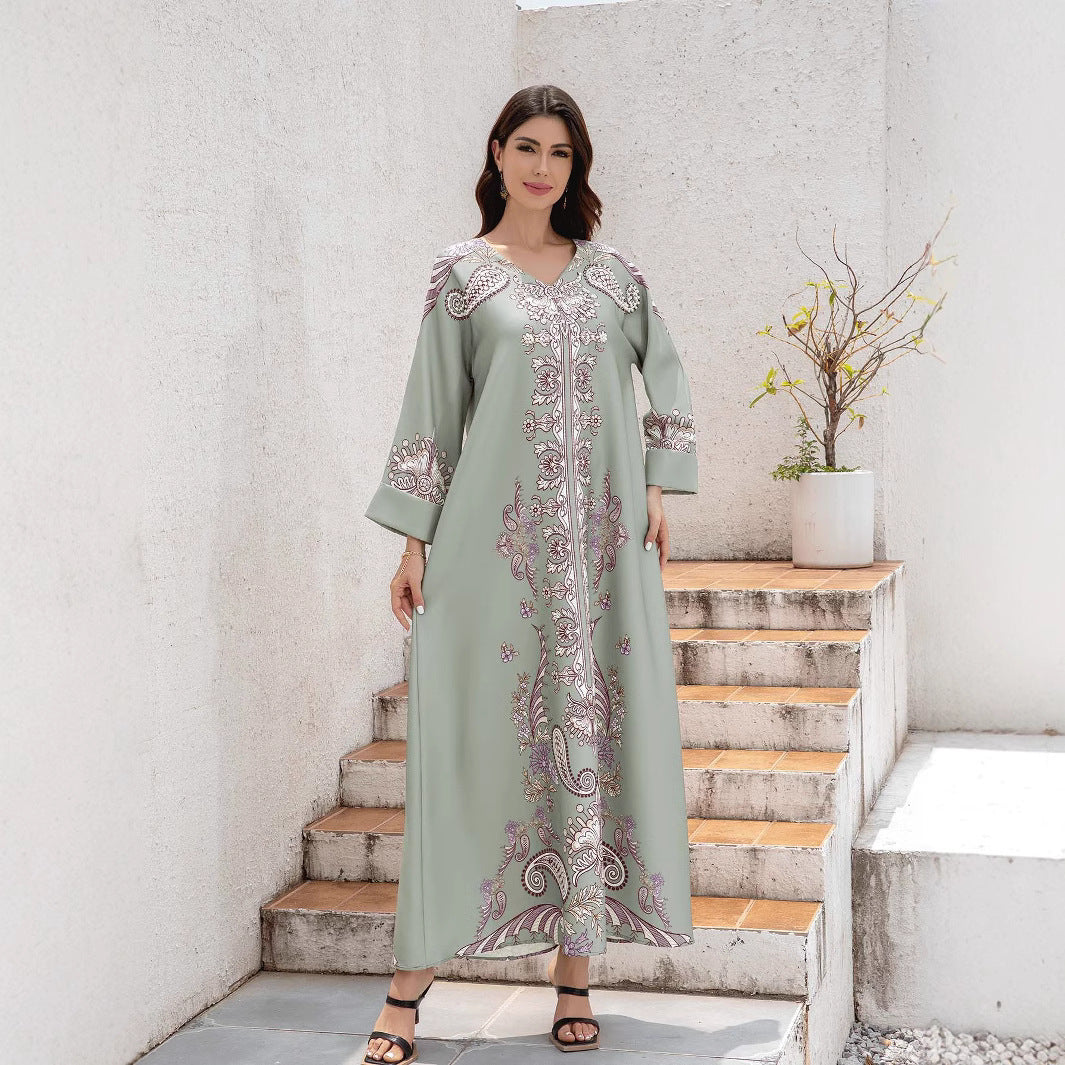 Silver Rhinestone V-Neck Printed Abaya Dress - Turn-Back Sleeve Modest Maxi
