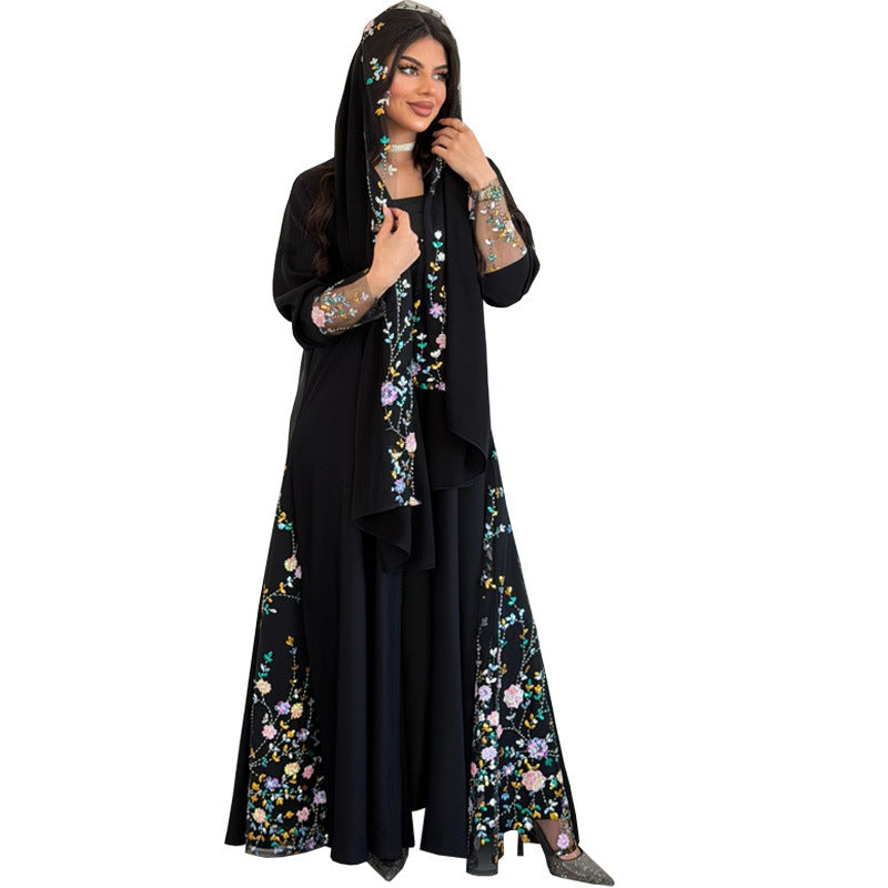 Black Floral Print Open Outerwear Long Maxi Abaya with Hijab Set