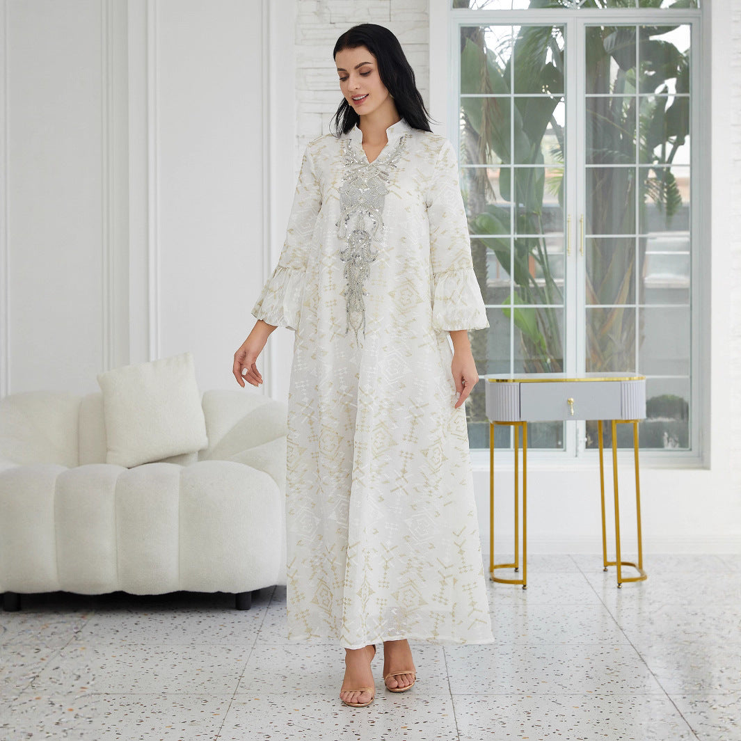 Neutral Ivory Viral Gulf Artisan Slip-On Modest Tunic Lustre Cream Gloss Woven Textile Full Faint Vintage Metallic Geo Embossed Texture Slit Tiny Mandarin Standing Neck Central Front Hand Mounted Oversized Clear Rhinestone Statement Appliqué Layered