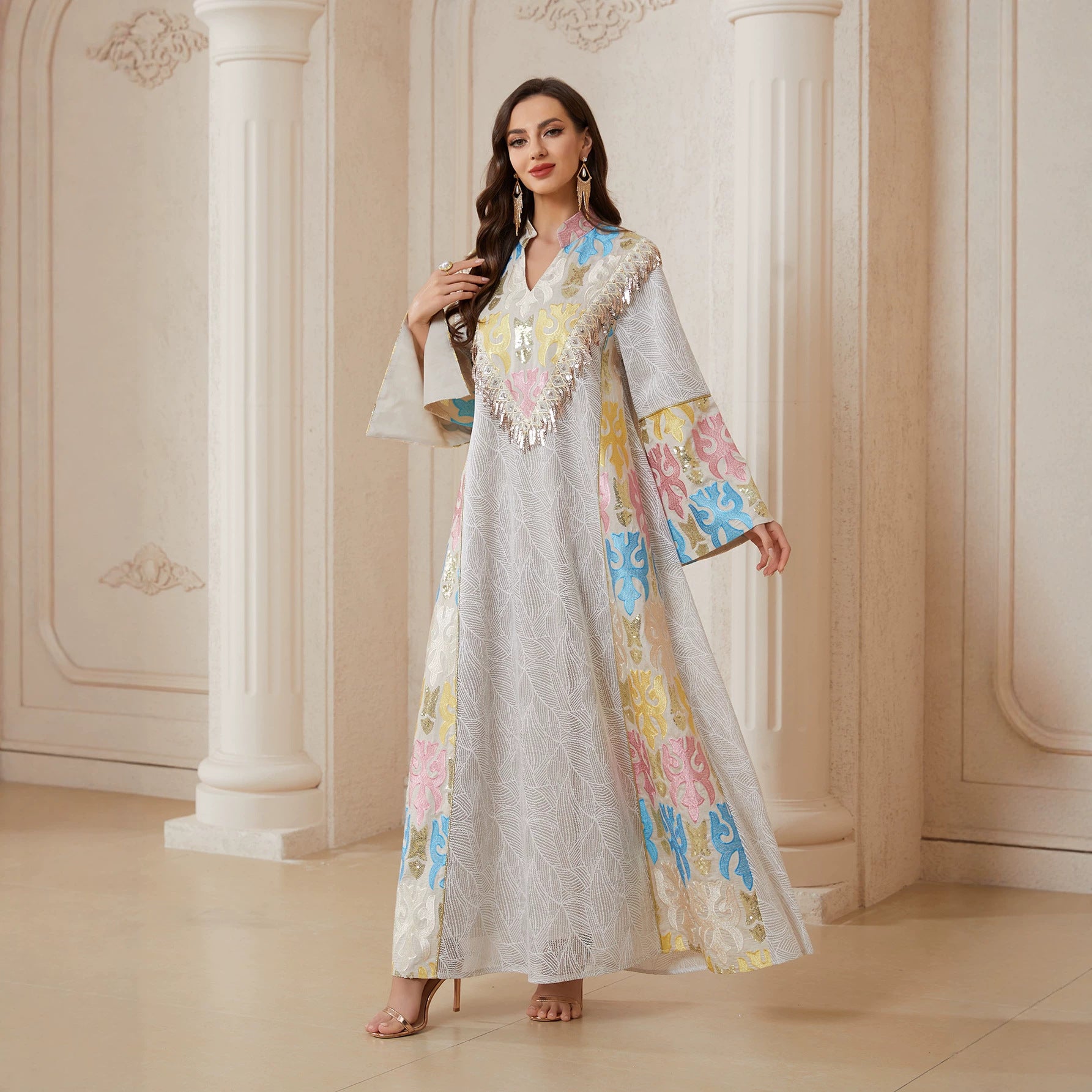 Women Grey White Colorful Embroidery Tassel V Stand Collar Flare Sleeve Abaya Loose Long Dubai Muslim Modest Kaftan Maxi Dress For Wedding Eid Ramadan