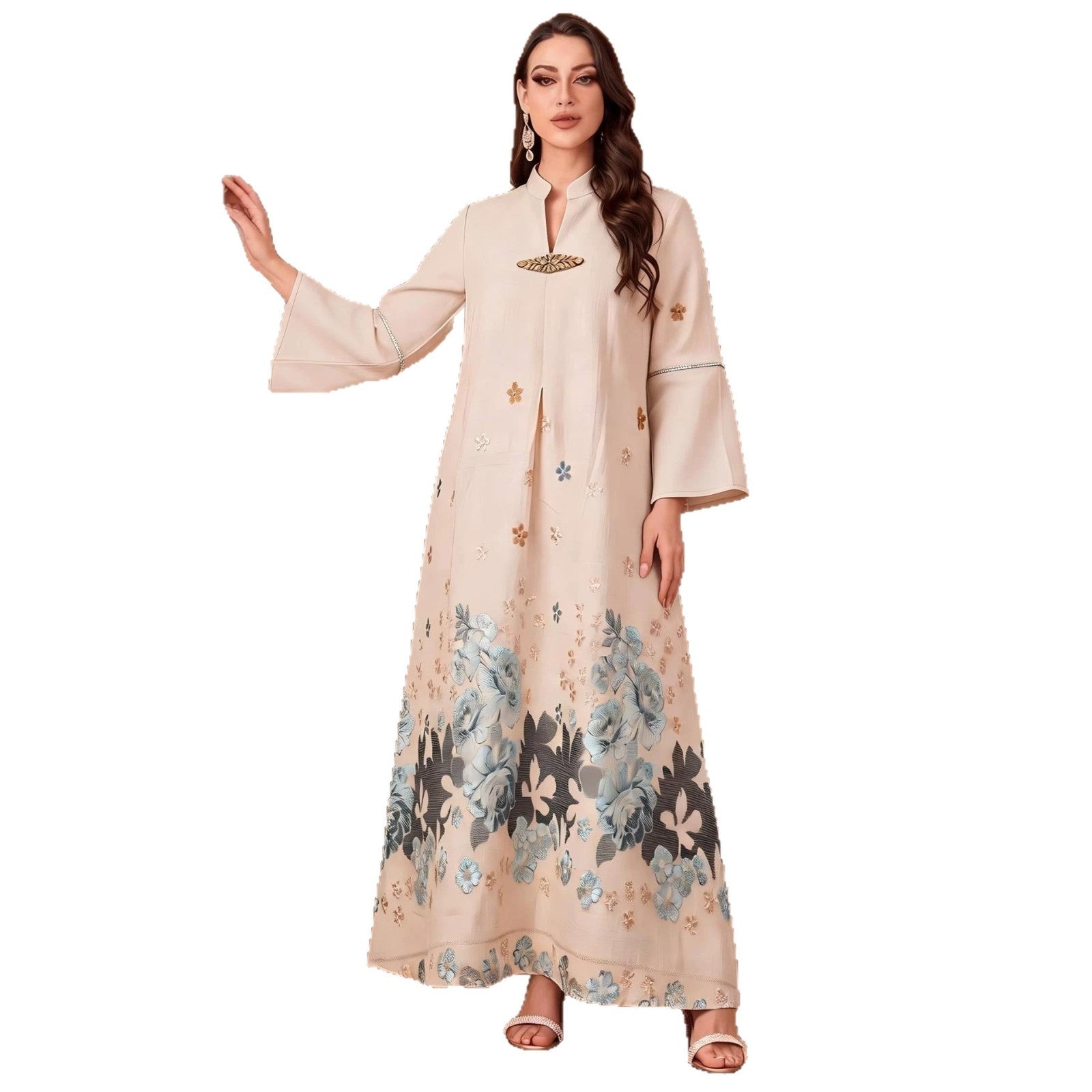 Camel Blue Light Blue V-Neck Rhinestone Embroidered Evening Abaya Dress