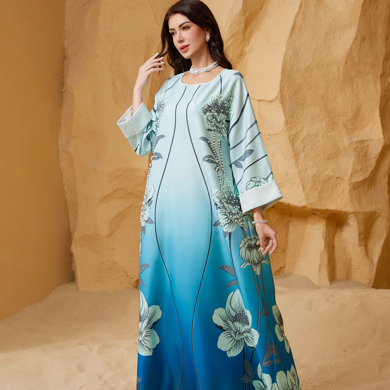 Sky Blue Rhinestone Beaded Round Neck Floral Maxi Dress