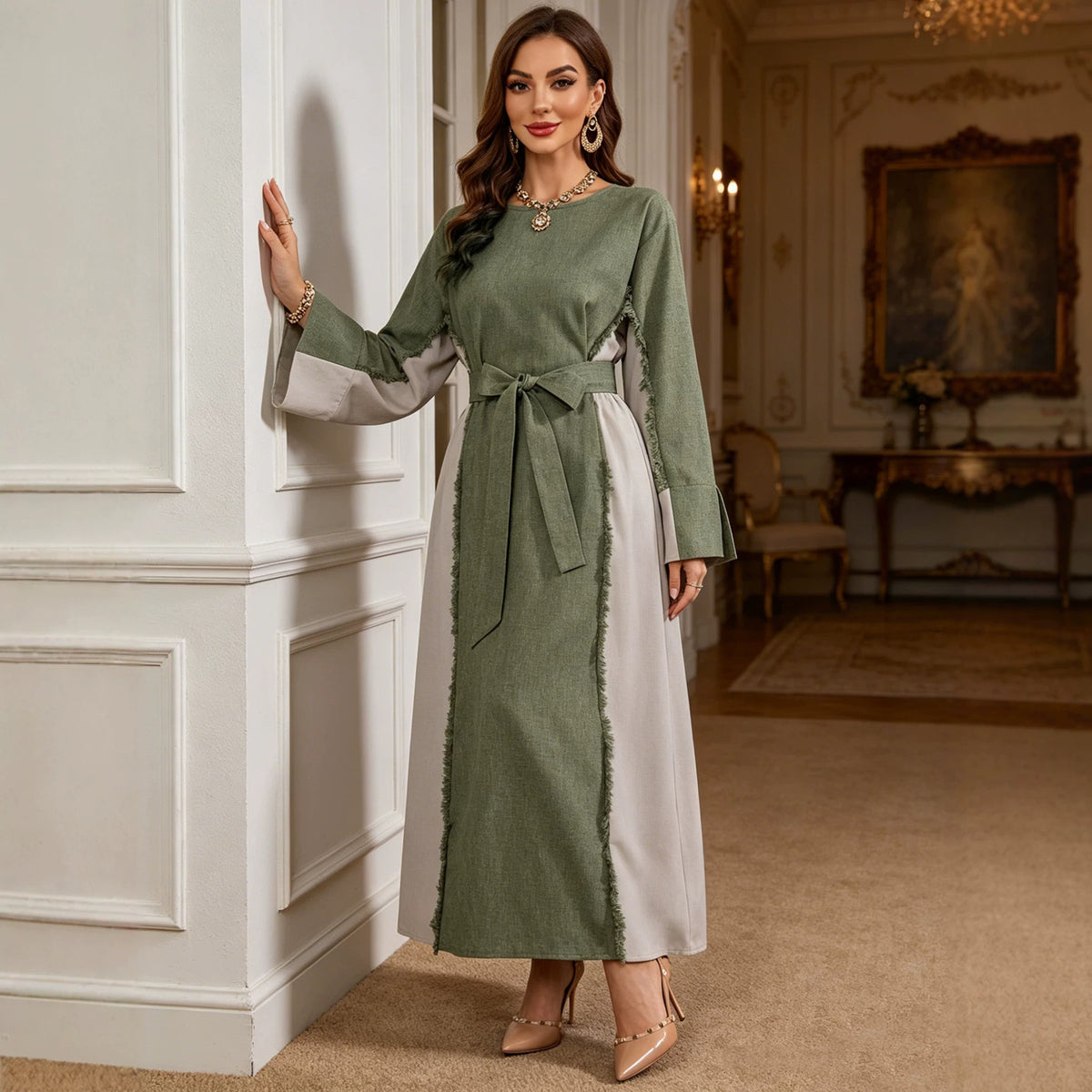 Two-Tone Linen Look Elegant Color Block Maxi Dress Abaya Modest Long Gown for Muslim Women Eid Ramadan Banquet M-XL