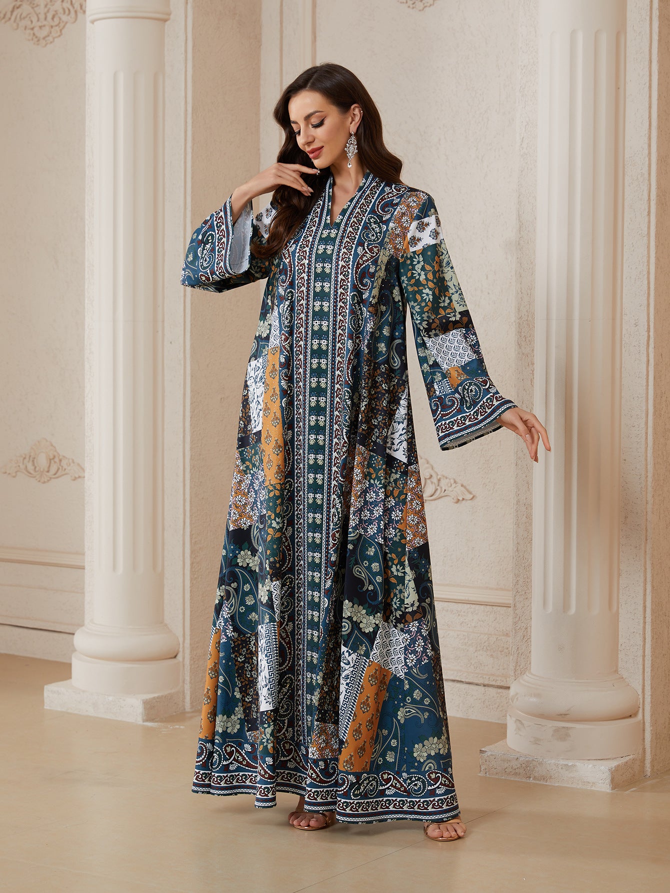 Floral Rhinestone Printed Jalabiya - Casual Modest Long Dress