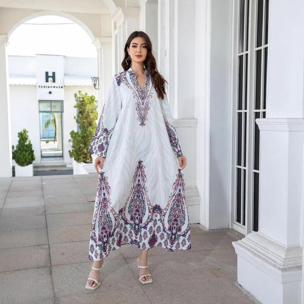 White Floral Print Mandarin Collar Rhinestone Plus Size Maxi Abaya