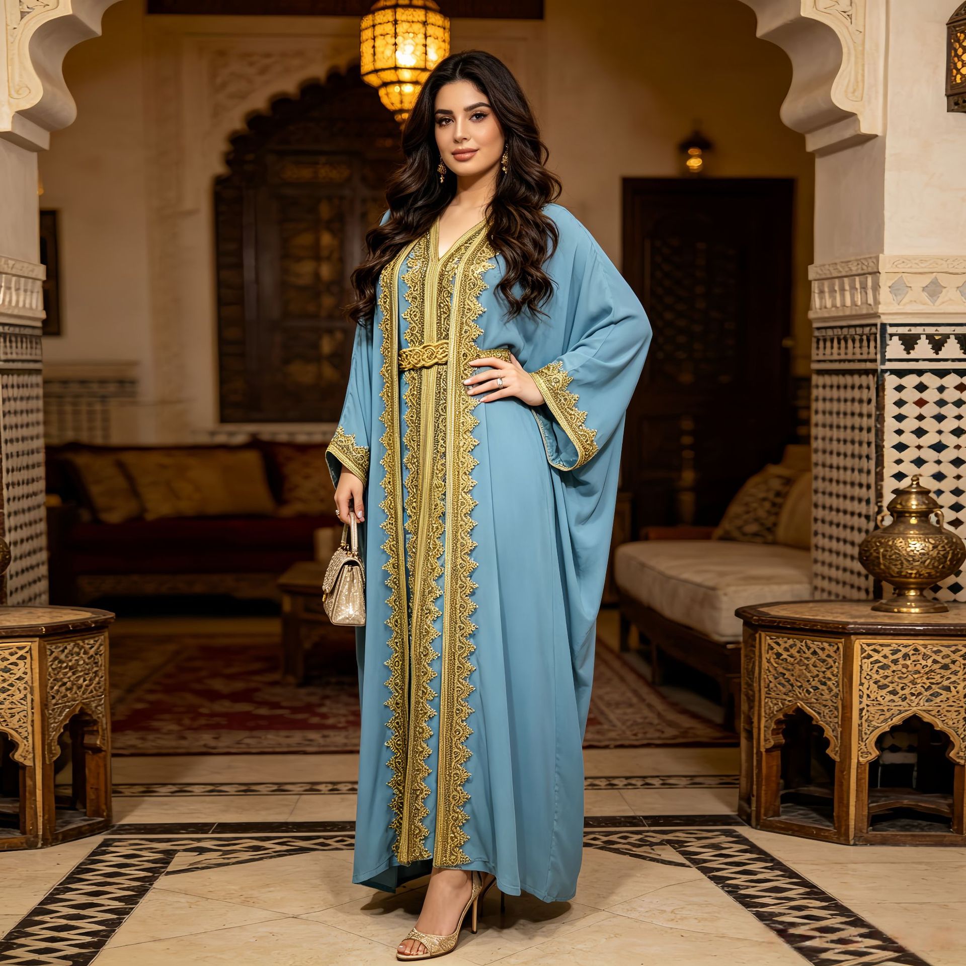 Sky Blue Navy and Rose Red Beaded Open Cardigan Maxi Dress Set with Vest