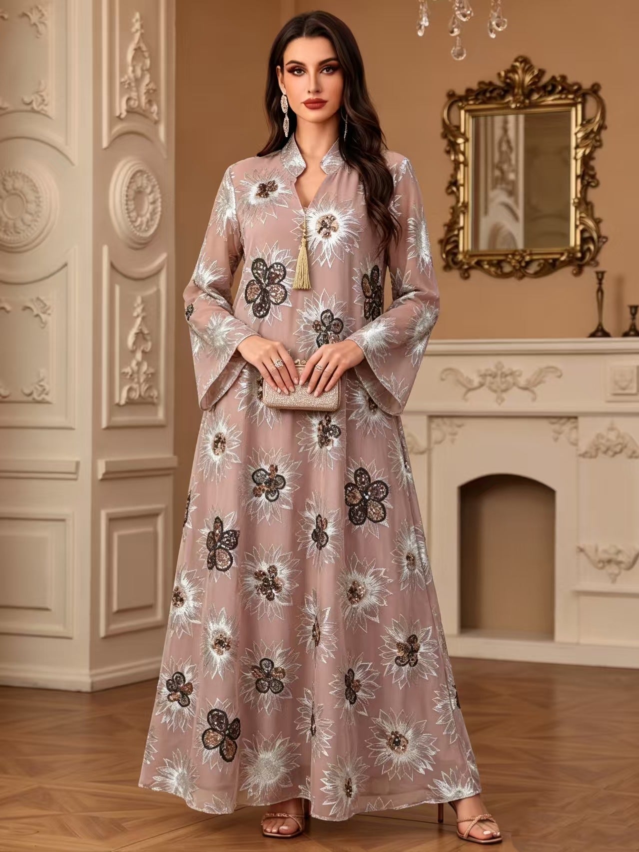 Green Lotus Pink White V-Neck Beaded Ethnic Print Maxi Abaya Dress