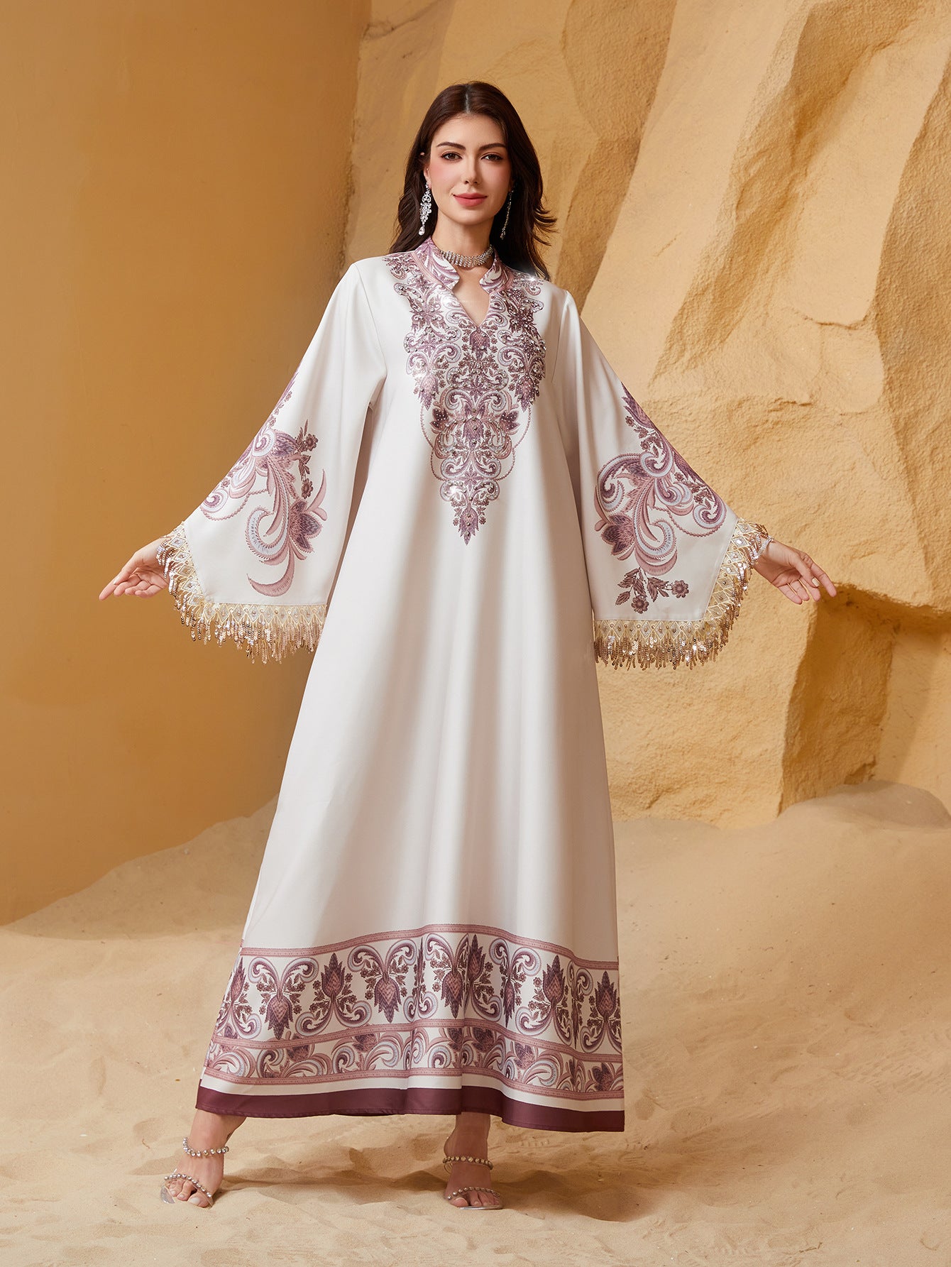 Charming Pink Rhinestone Beaded Kaftan Gown Maxi Abaya Eid Ramadan
