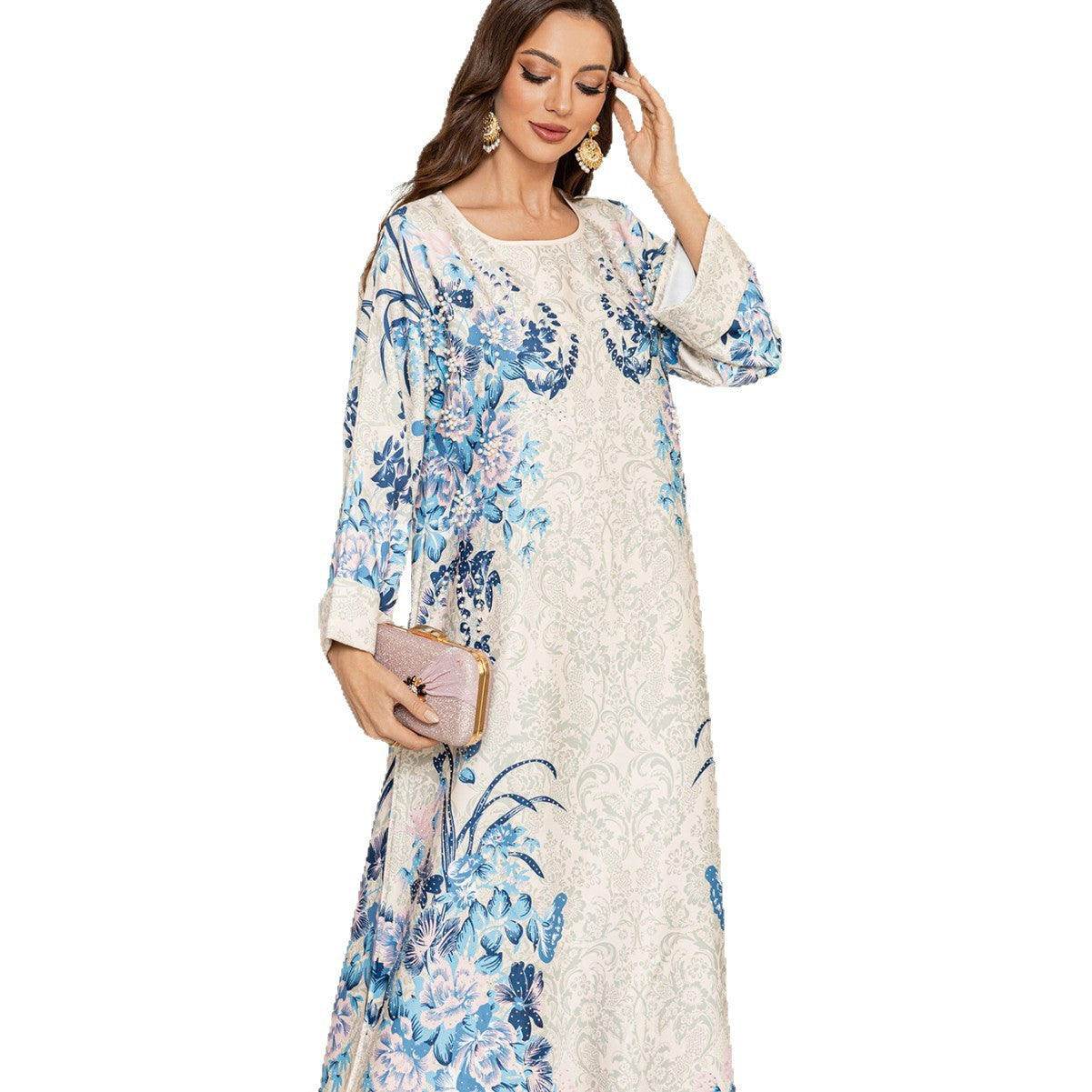 Pink Printed Long Abaya Dress - Fashion Modest Maxi Robe