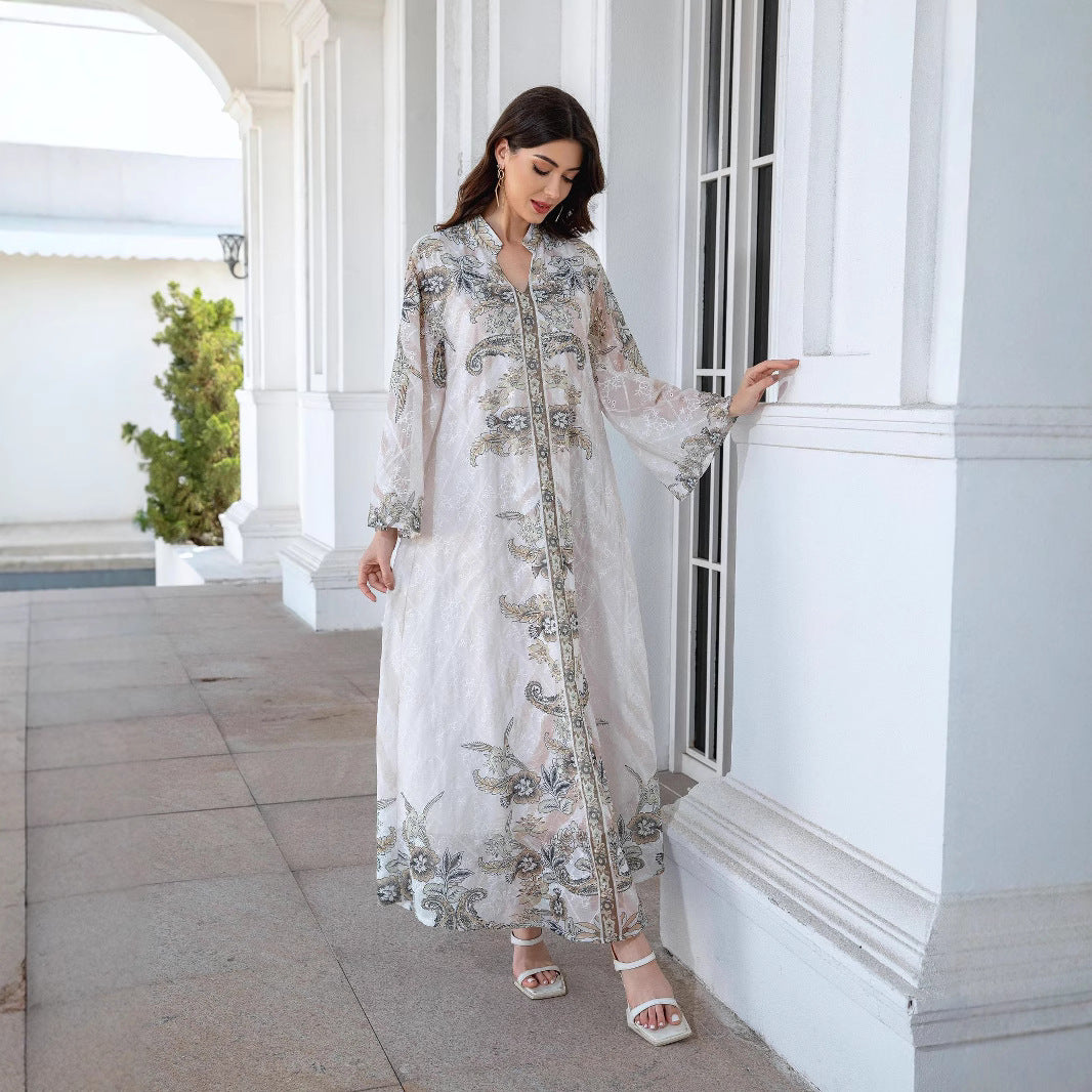 Light Grey Mandarin Collar Abaya - Printed Rhinestone Modest Robe
