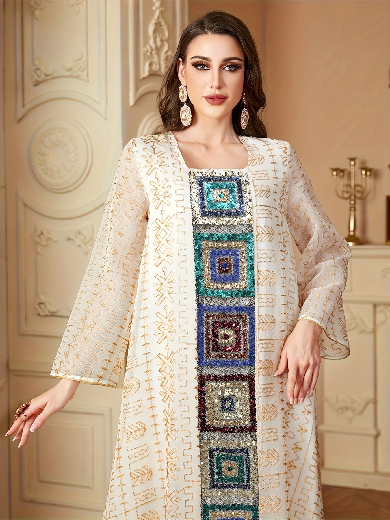 Sequin Applique Embroidered Kaftan Dress Jalabiya Modest Long Maxi Dress for Eid Ramadan Festive Celebration S-XXL