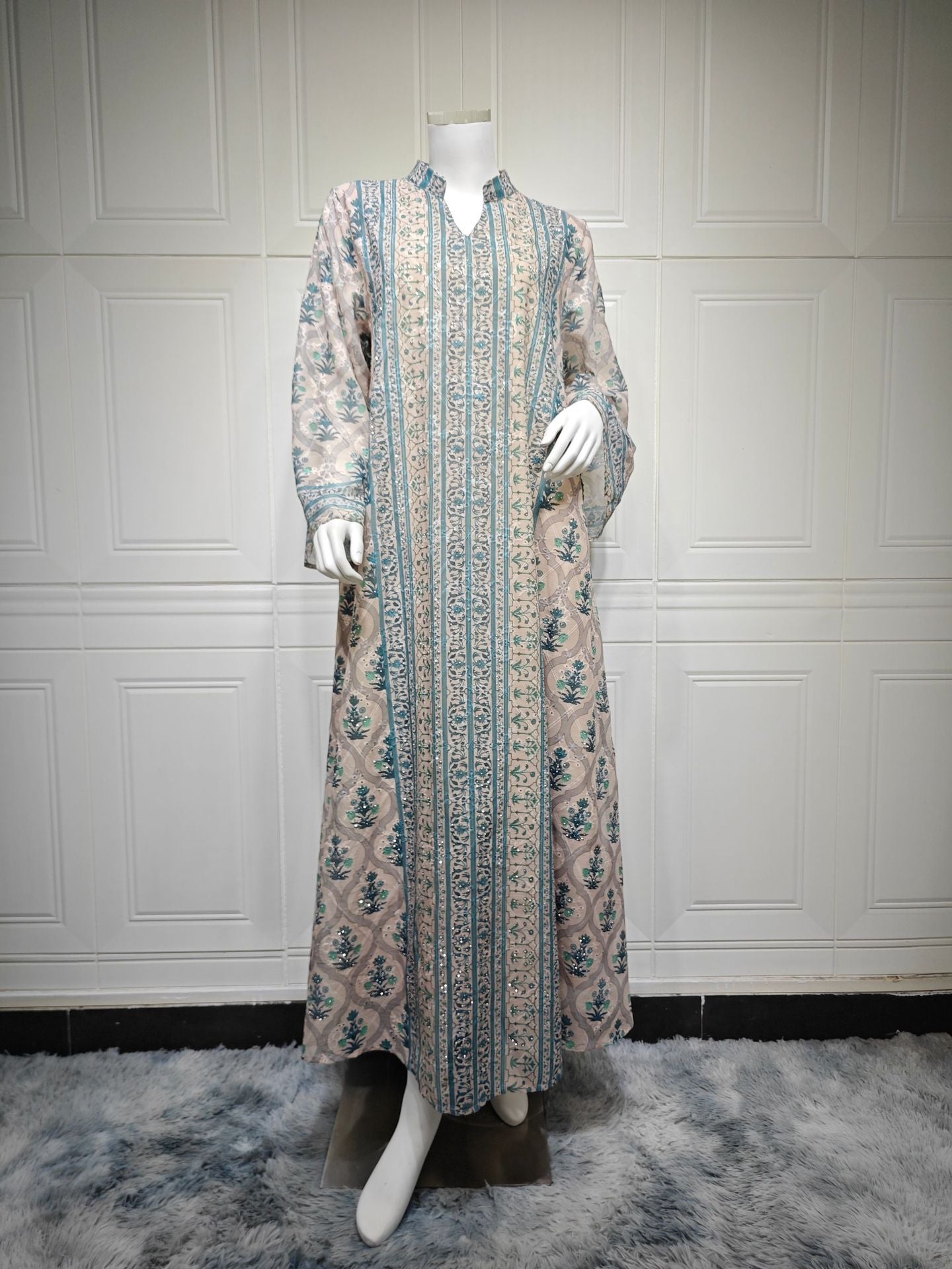 Women Stand Collar V Neck Floral Striped Abaya 3 Colors Vintage Botanical Print Loose Wide Sleeve Maxi Kaftan Lightweight Daily Modest Dress For Ramadan Casual Party