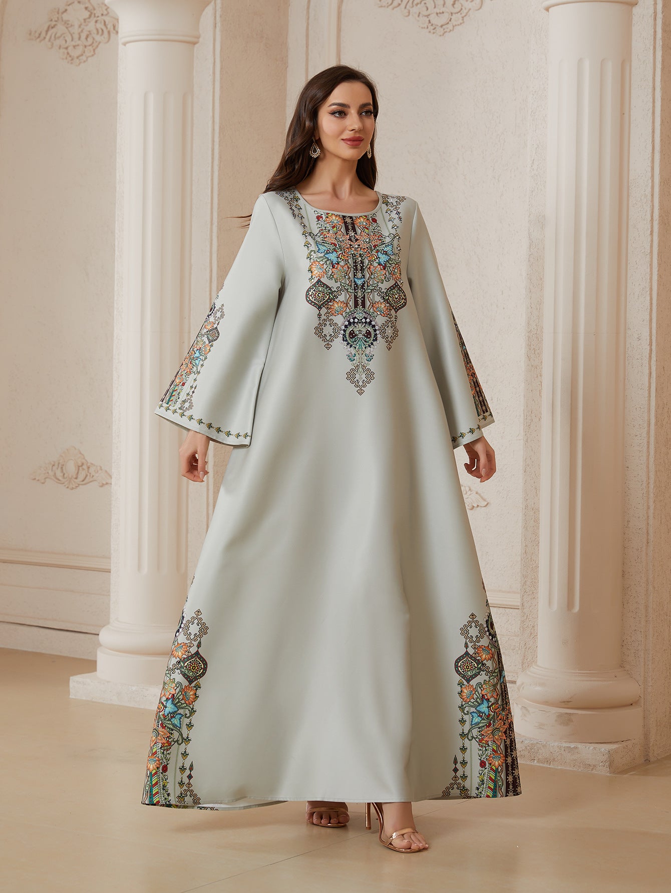 Pastel Light Grey Matte Crepe Long Kaftan Robe For Ladies Round Neck Long Sleeve With Symmetric Multi-Color Floral Embroidery Full Length Formal Modest Outfit