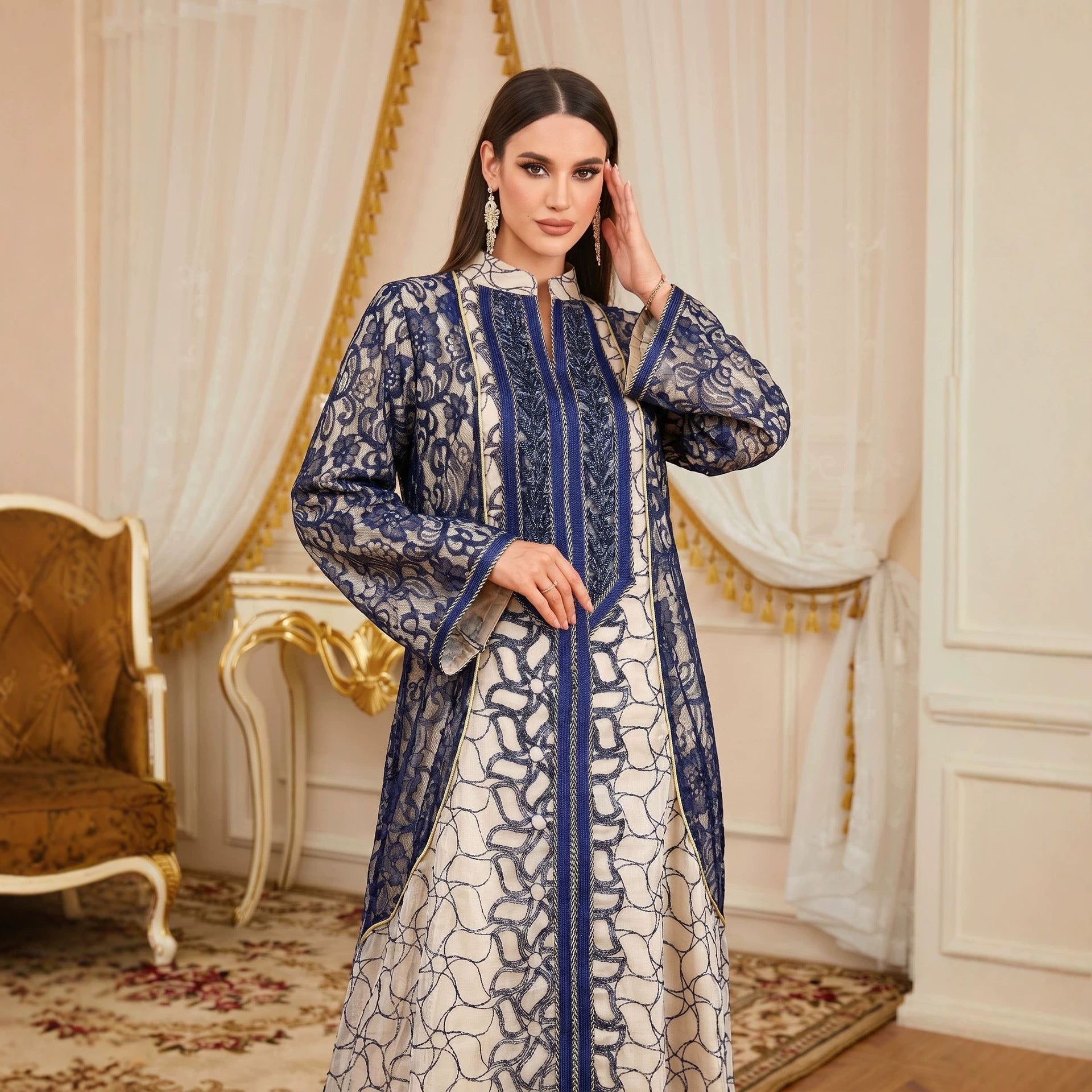 Contrast Lace Trim Sequin Embroidered Gown Jalabiya Modest Long Maxi Evening Dress for Muslim Women Eid Ramadan S-XXL