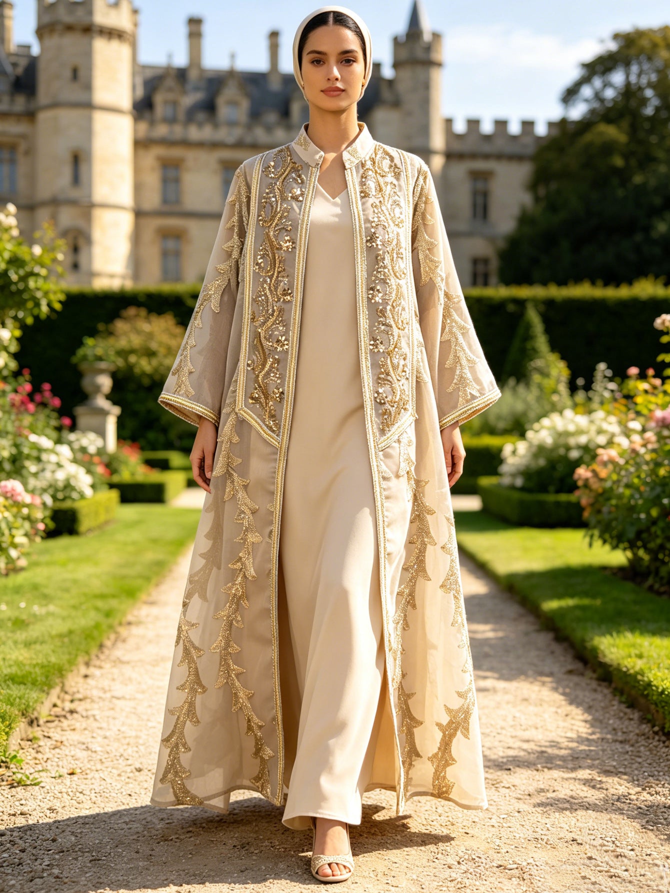 Heavy Beaded Sequin Embroidered Mesh Two-Piece Set Muslim Women Modest Maxi Abaya Jalabiya Kaftan Dress for Eid Ramadan