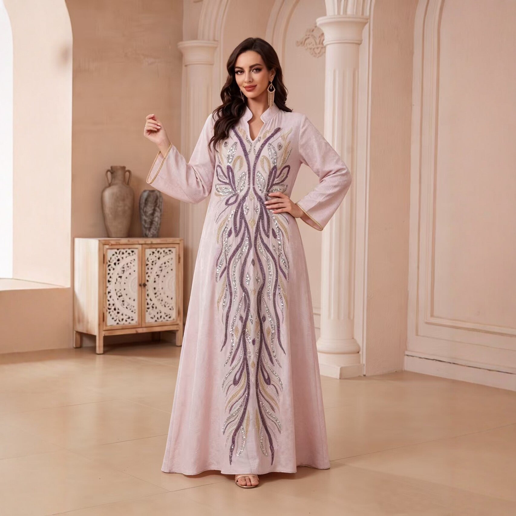 Multi-Color V-Neck Beaded Embroidered Jacquard Maxi Abaya Dress