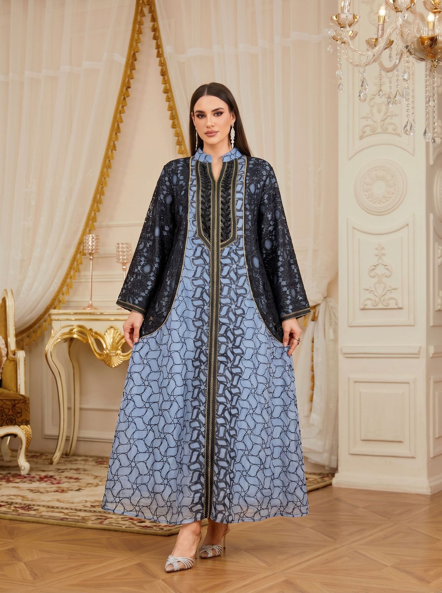 Luxury Banquet Sequin Embroidered Contrast Gown Jalabiya Modest Long Maxi Dress for Muslim Women Eid Ramadan Party S-XXL
