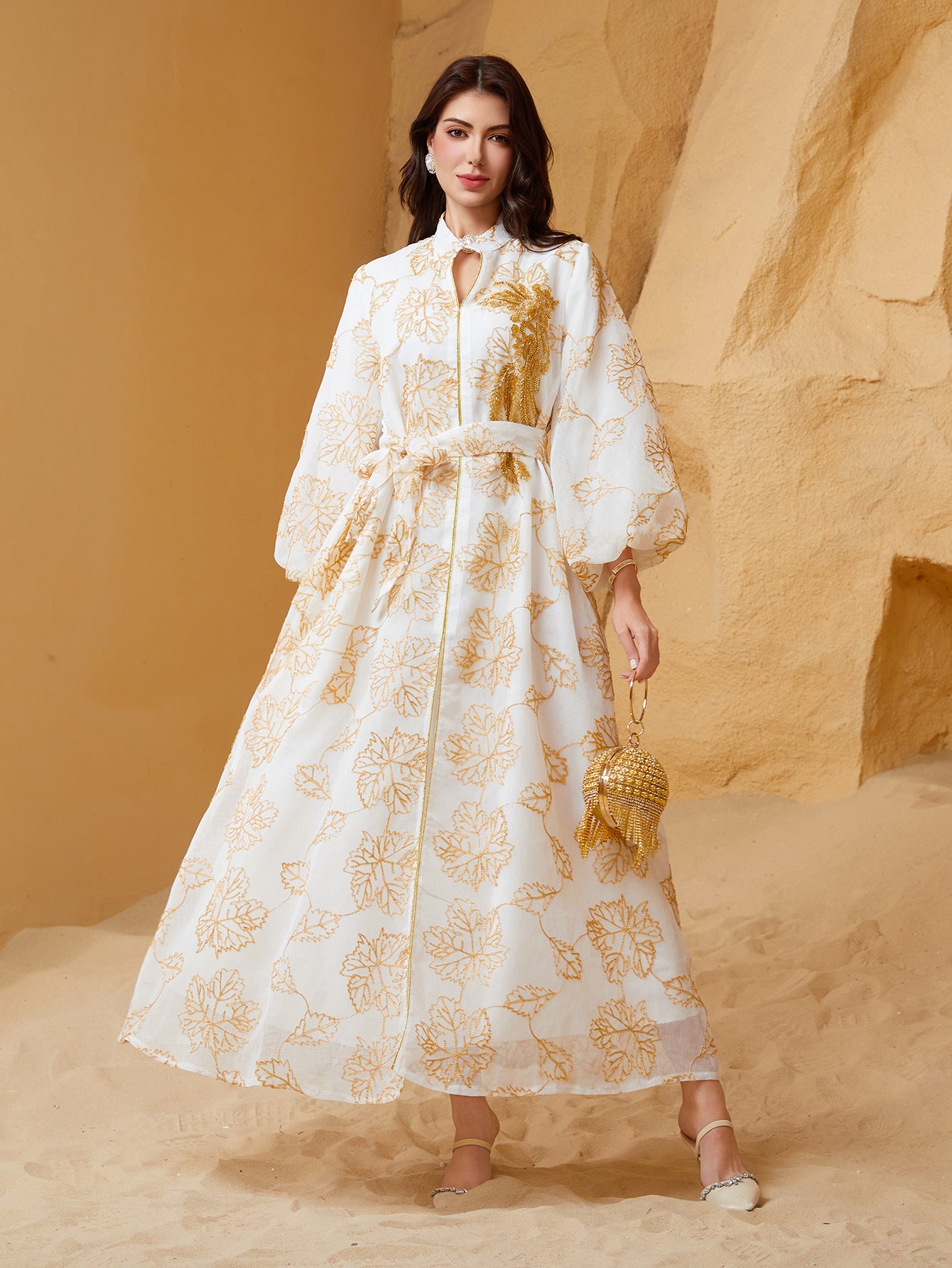 Luxury All Over Gold Print Middle East Kaftan Two Colors Stand Collar Lantern Sleeve Modest Ramadan Maxi Dress