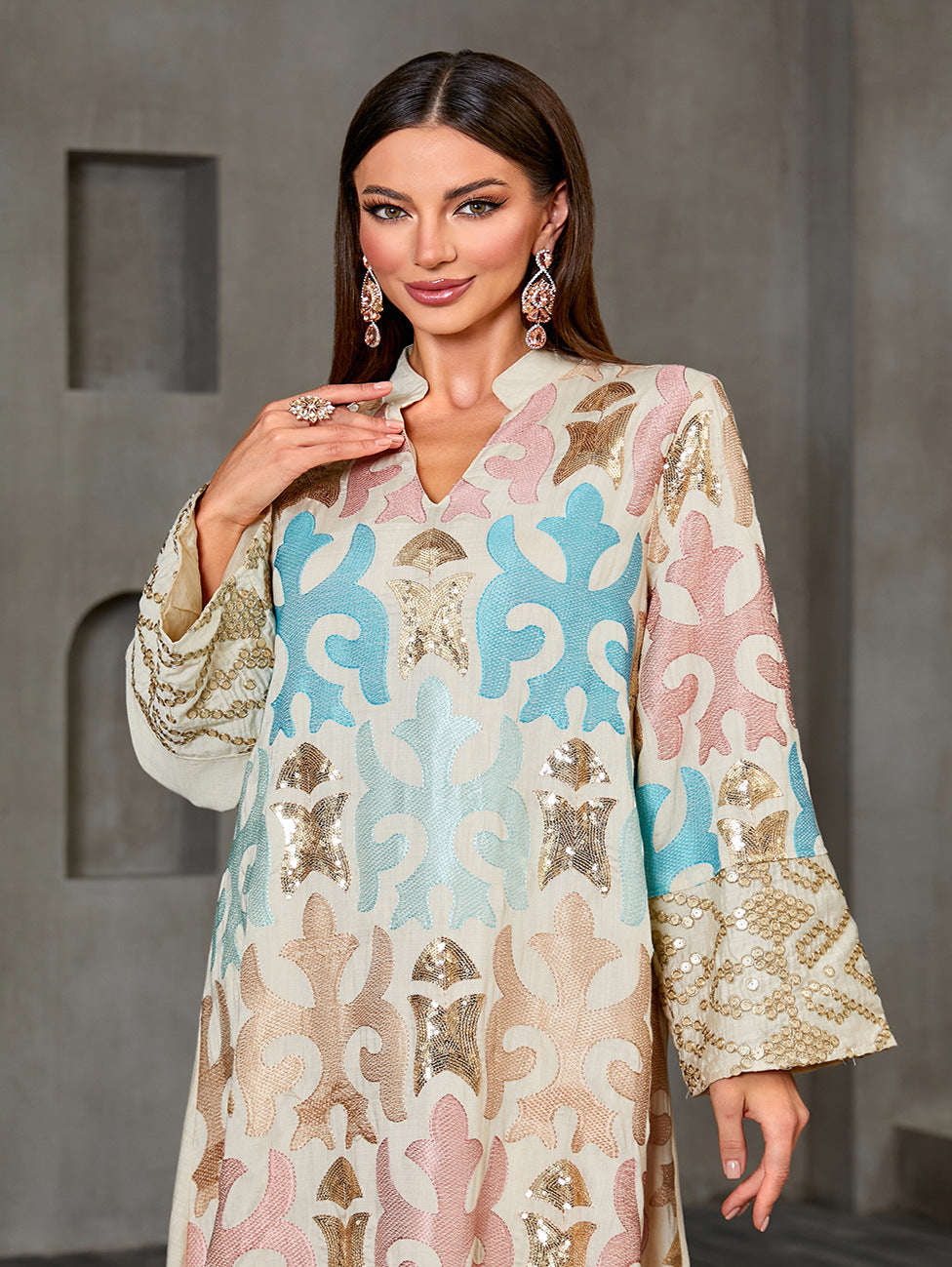 Apricot Sequin Embroidered Patchwork Beaded Long Jalabiya Modest Maxi Dress for Muslim Women Eid Ramadan Robe Gown with Lace Trim