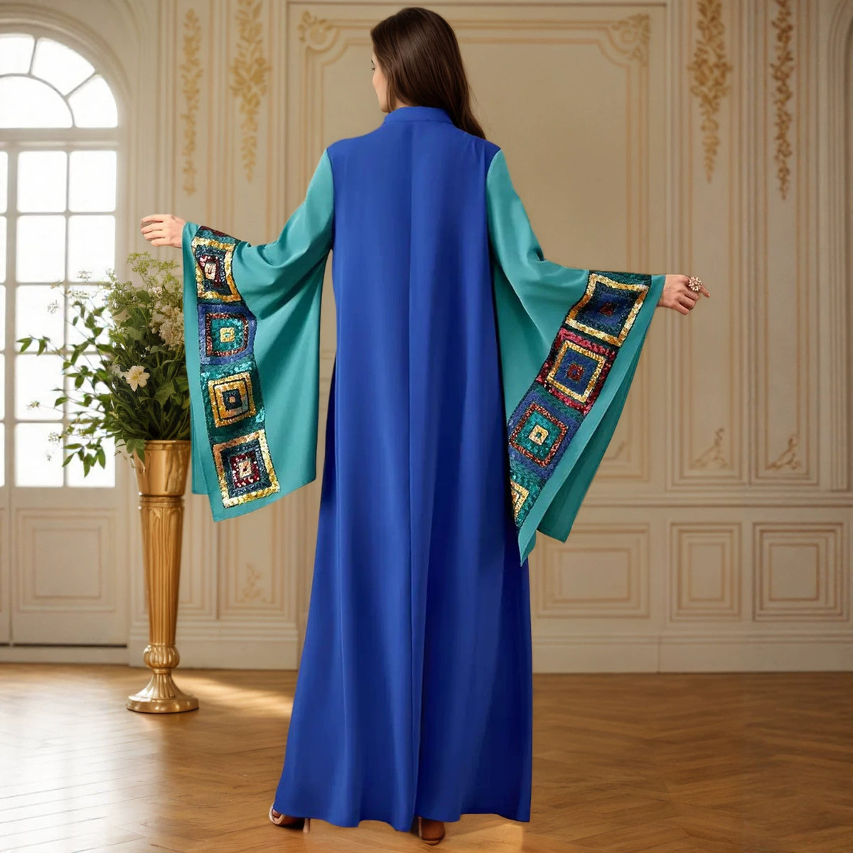 Blue Color Block Sequin Embroidered Stand Collar Gown Long Maxi Dress Modest Muslim Banquet
