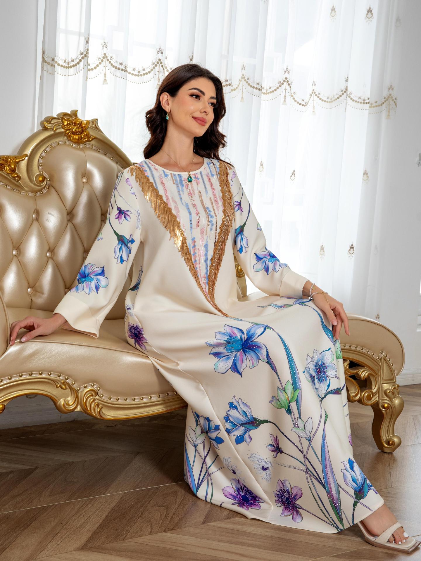 Ivory Printed Evening Abaya - Modest Party Dress Long Robe