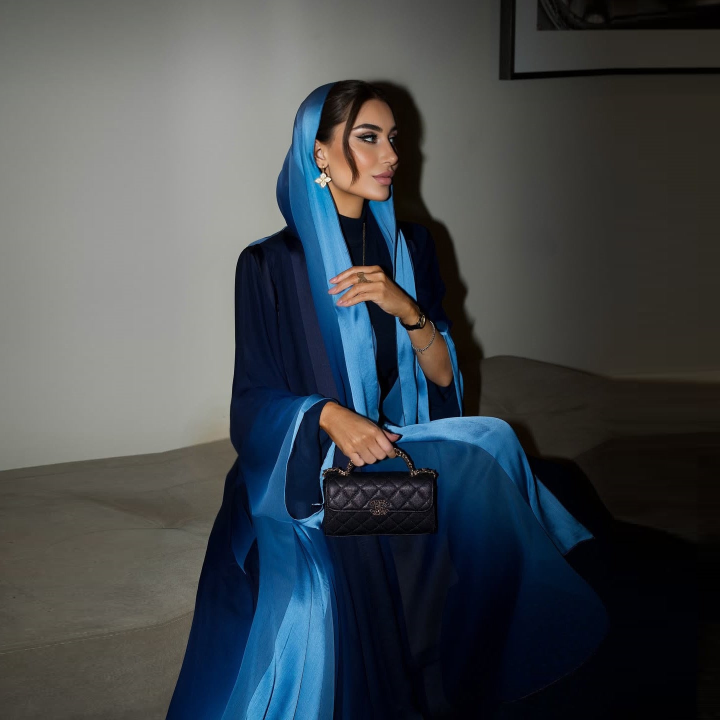 Blue and Brown Floral Print Chiffon Gradient Maxi Dress with Hijab Two-Piece Set