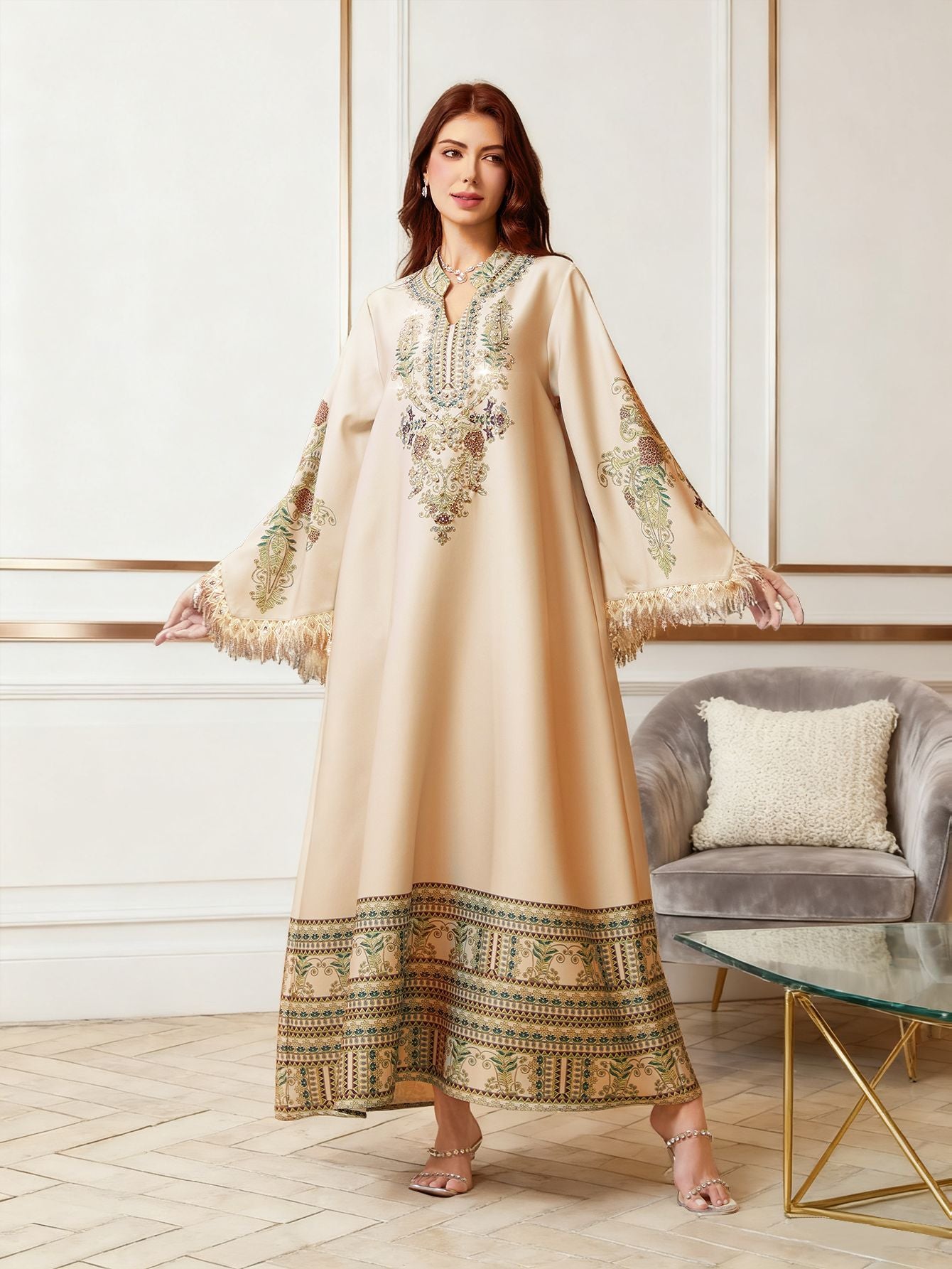 Vibrant 3-Color Floral Kaftan – Modest Muslim V-Neck Maxi