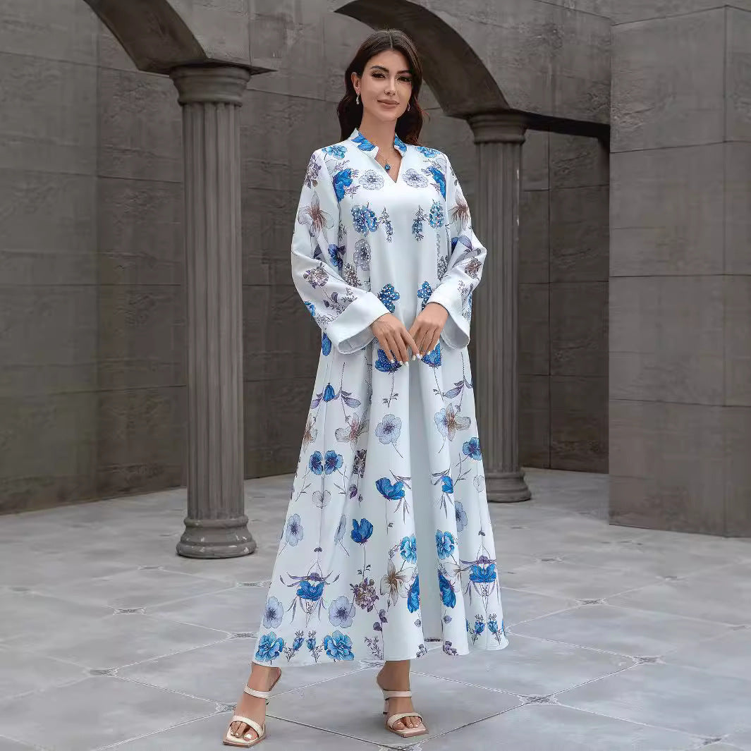 Light Blue Rhinestone Mandarin Collar Embroidered Maxi Abaya Dress