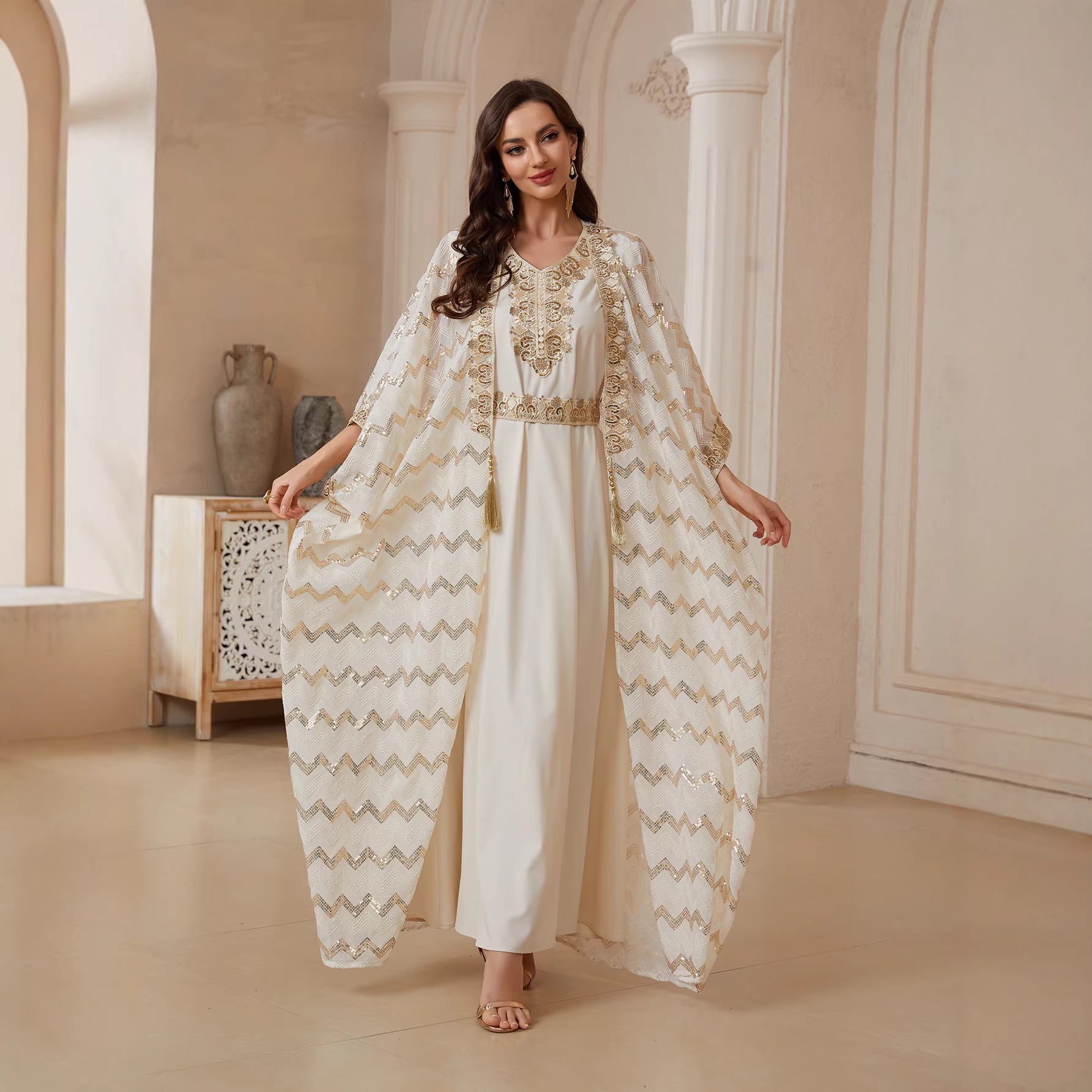 Cream & Lavender Two Piece Abaya Set Handcrafted Gold Embroidery Moroccan Evening Kaftan