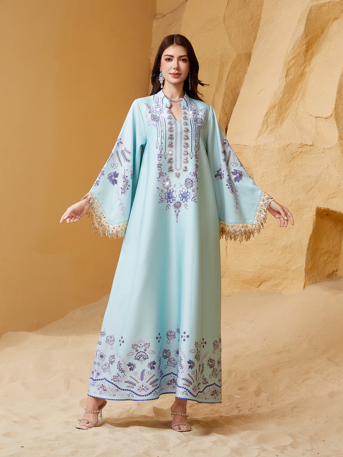 Serene Sky Blue Tassel Embroidered Maxi Abaya Modest Eid Ramadan