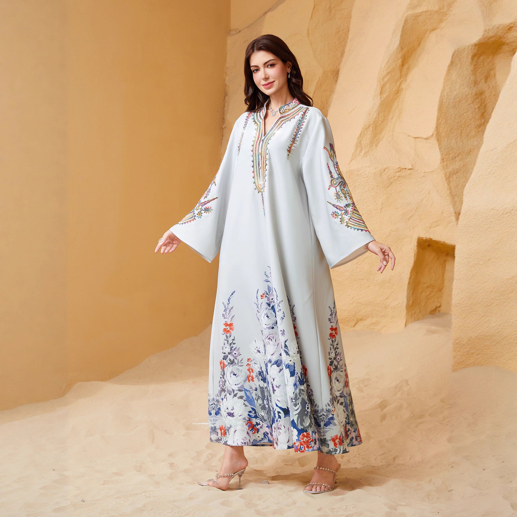 Deep Navy Solid Plain Premium Arabian Craft Open Front Modest Outer Tunic Rich Airflow Light Single Layer Chiffon Textile Zero Embroidery Minimalist Clean Plain Fabric Shallow V Notch Open Neckline Full Front Thin Metallic Trim Without Decor Buttons