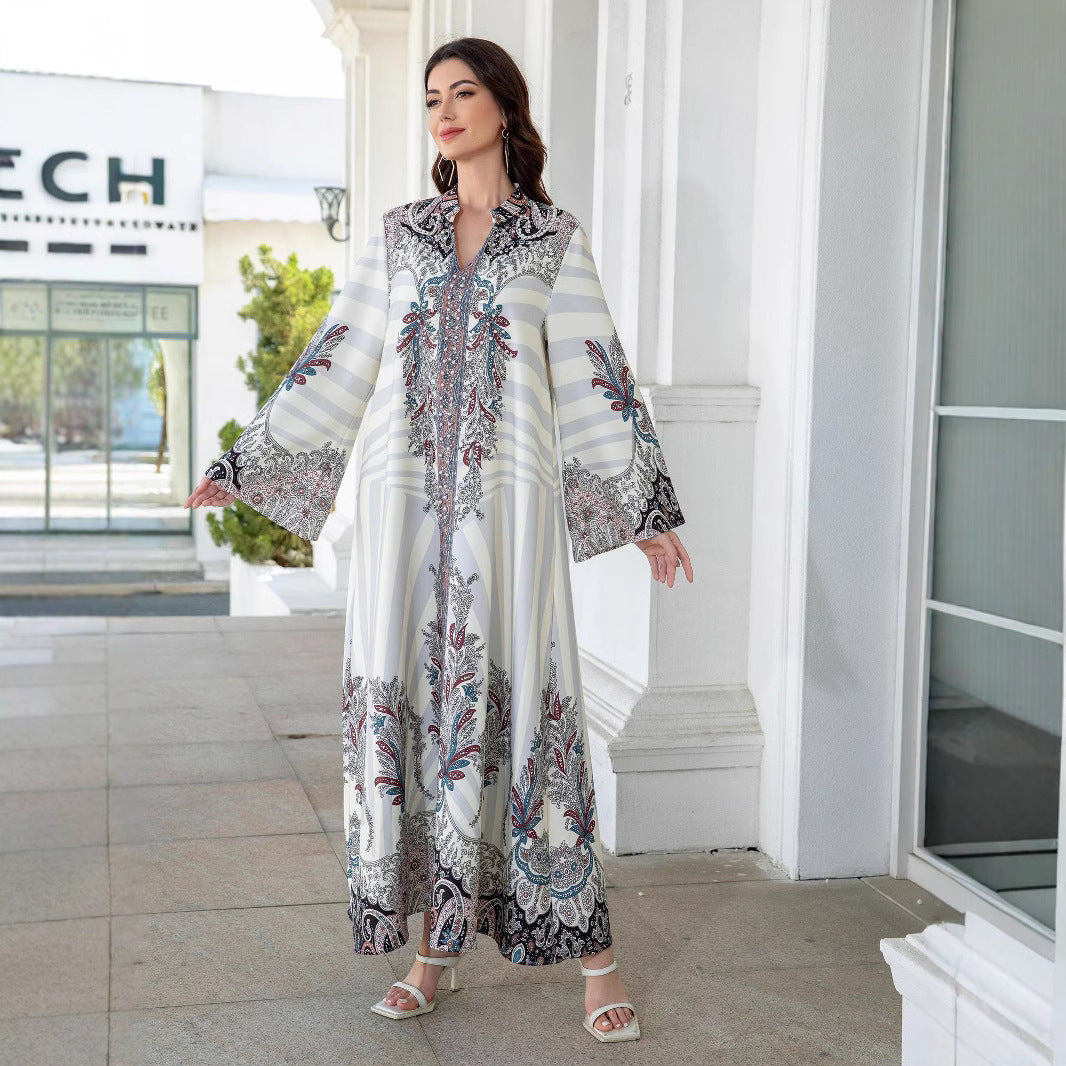 White Floral Print Mandarin Collar Rhinestone Embroidered Maxi Abaya
