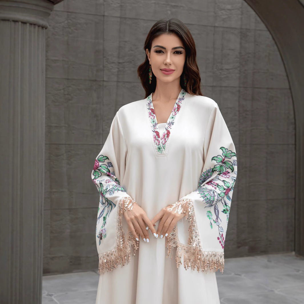 Graceful Apricot V-Neck Kaftan – Muslim Embroidered Long Dress