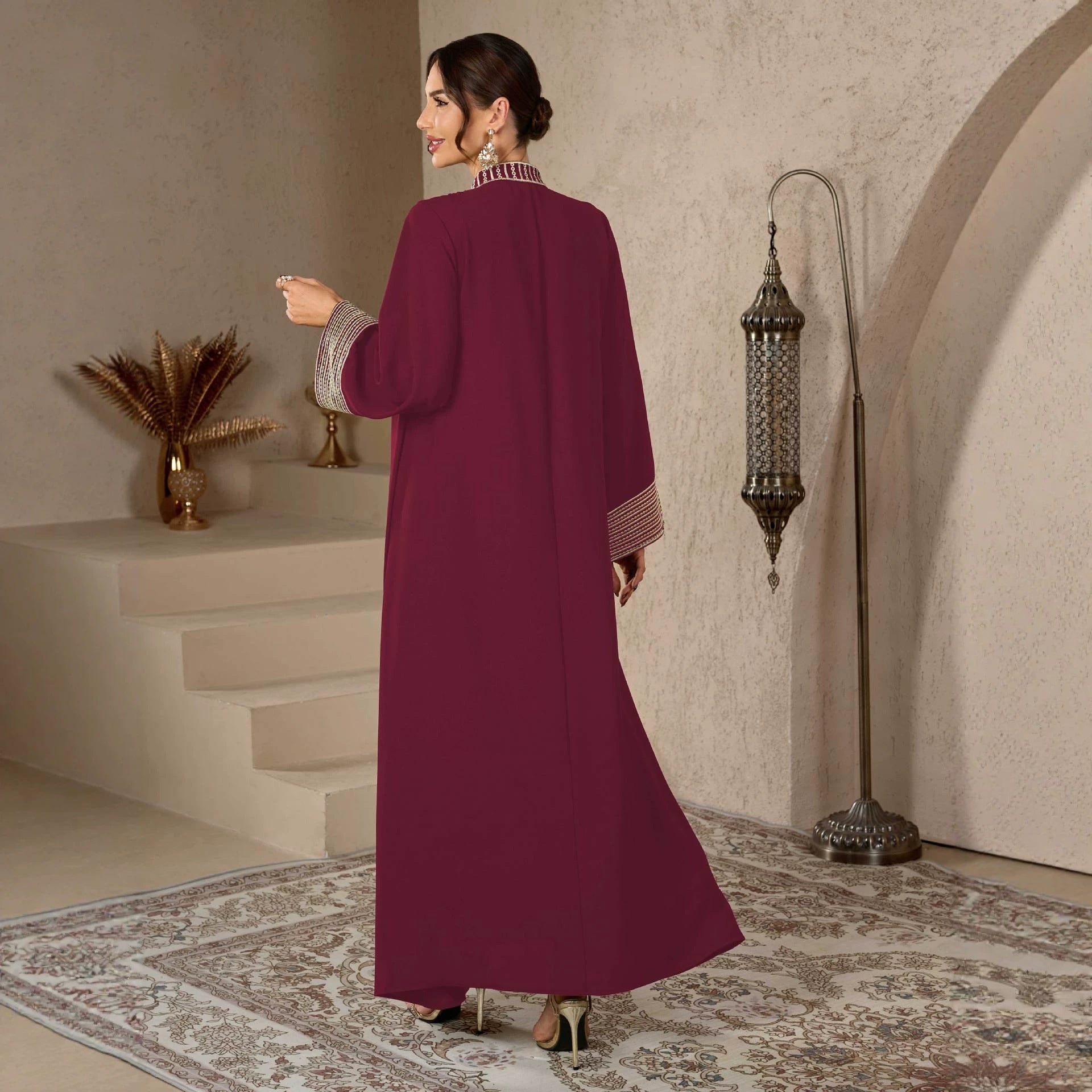 Wine Red and Black Embroidered Pullover V-Neck Maxi Abaya Dress