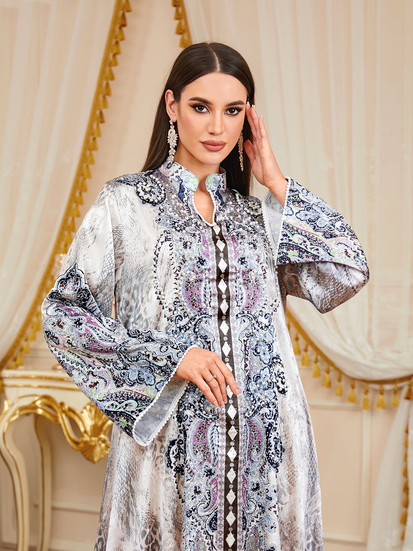 Rhinestone Beaded Floral Print Gown Jalabiya Modest Loose Long Maxi Evening Dress for Muslim Women Eid Ramadan S-XXL