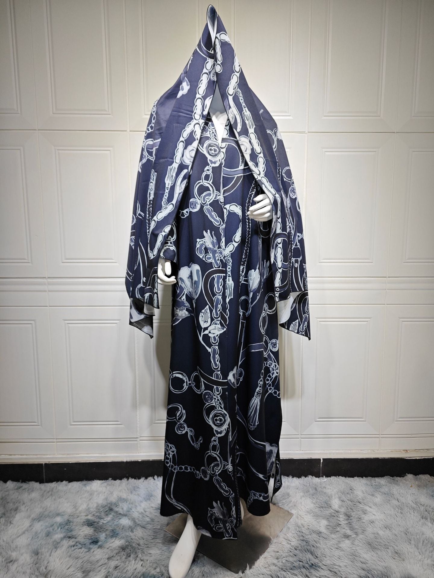 Black Grey Floral Print Open Abaya with Hijab Two-Piece Set