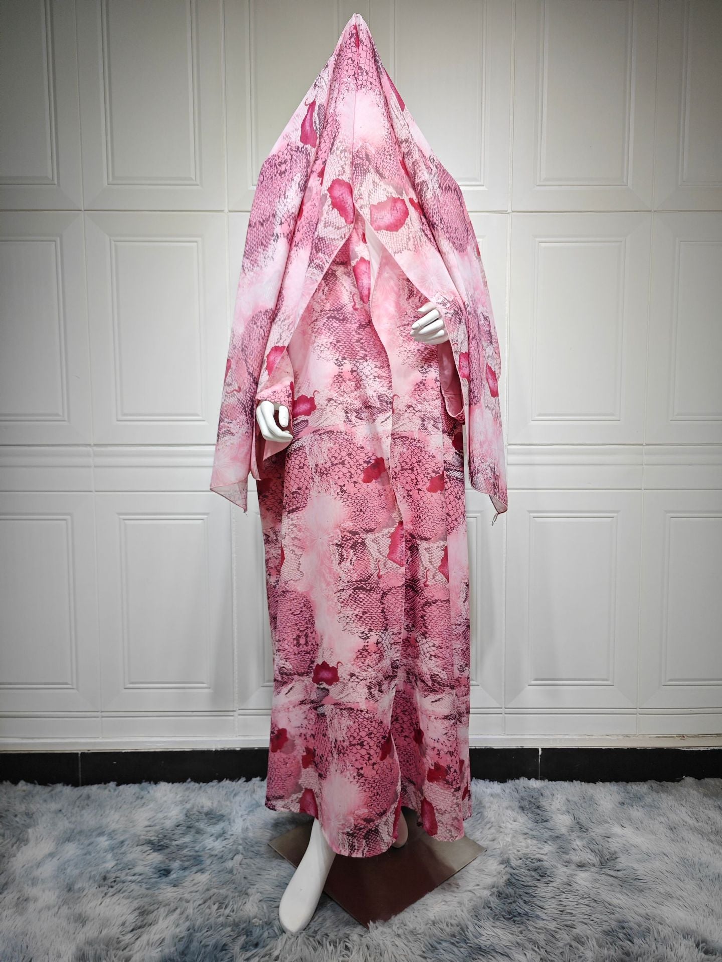 Pink Chiffon Floral Print Open Outerwear Maxi Dress with Hijab Two-Piece Set