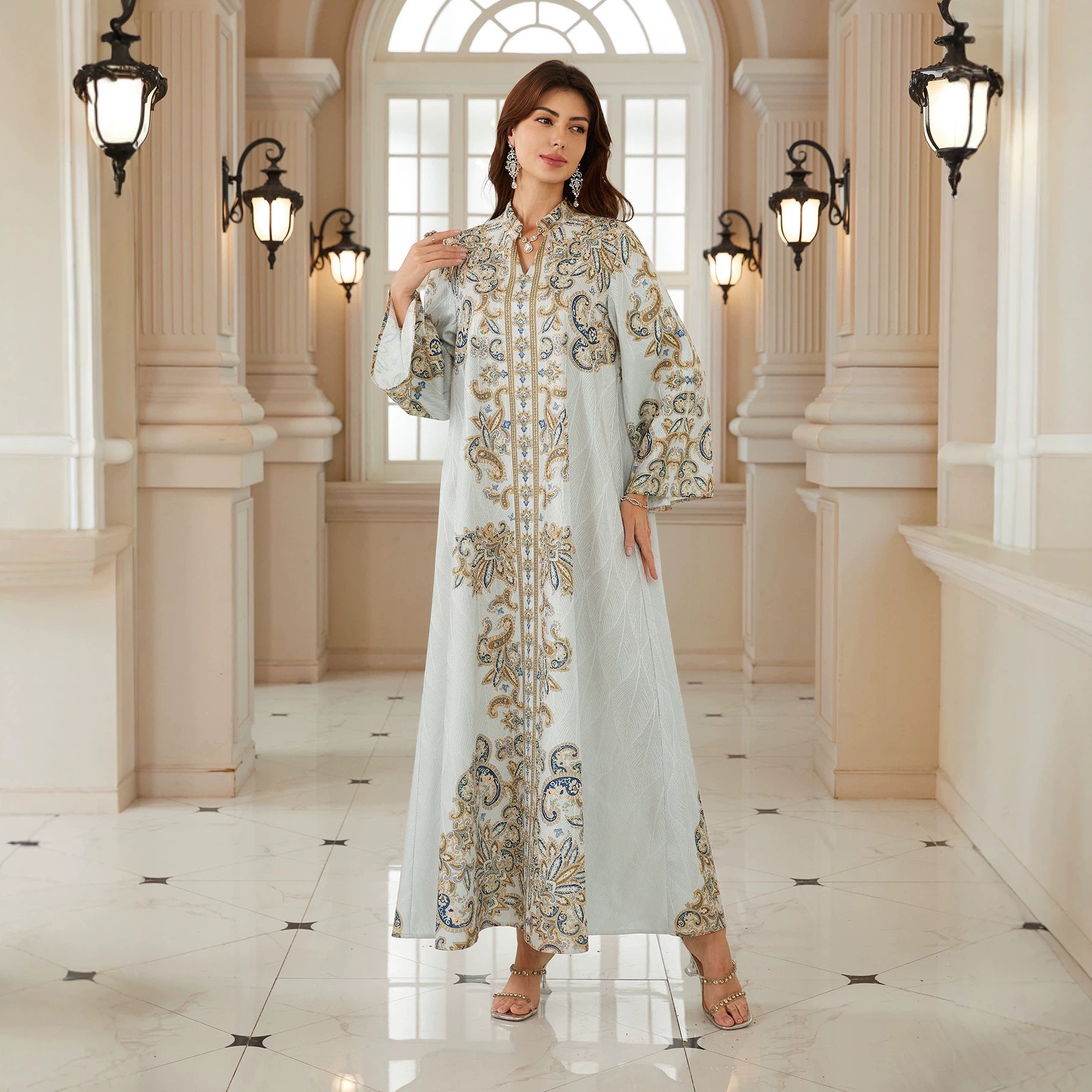 Elegant Paisley Print Stand Collar Abaya Dress Loose Flare Long Sleeve Muslim Women Maxi Kaftan Robe For Party Daily Wear