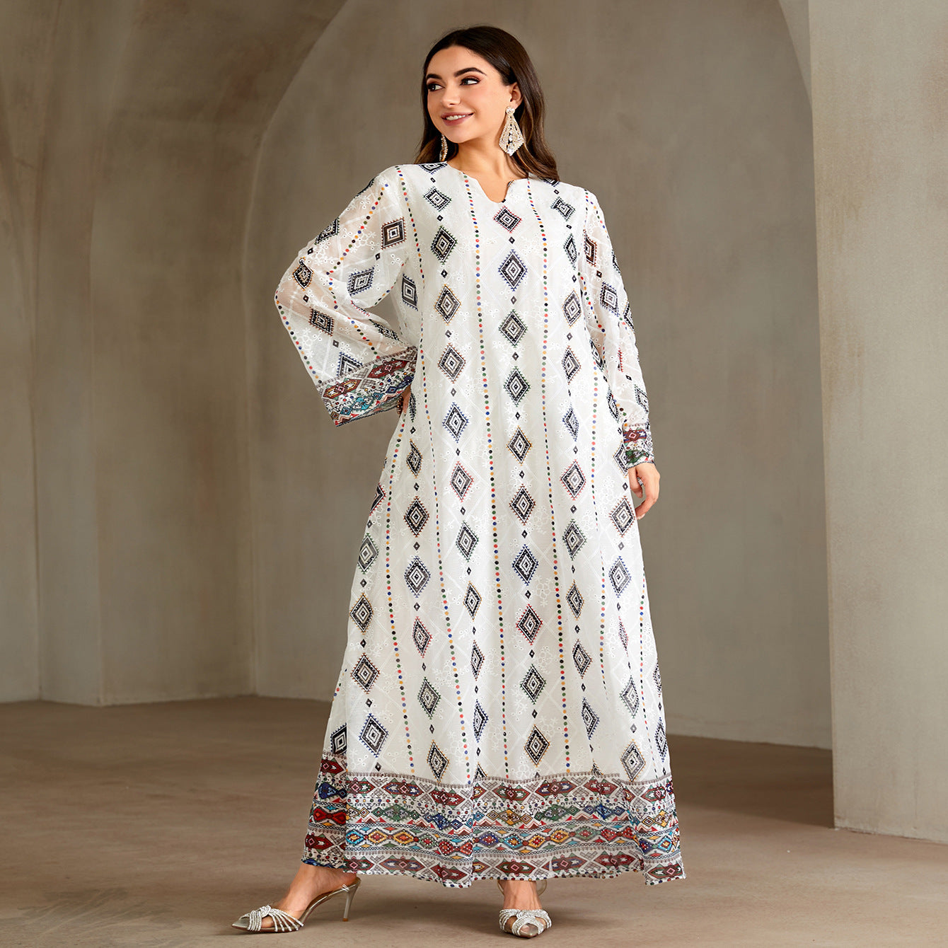 Embroidered Geometric Diamond Print V-Neck Gown Jalabiya Modest Loose Maxi Dress for Muslim Women Eid Ramadan S-XXL