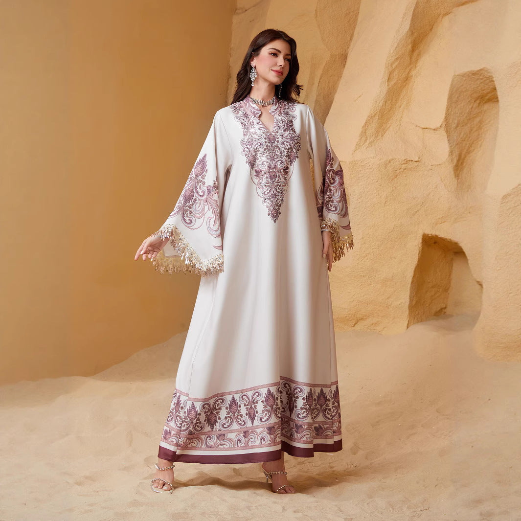 Charming Pink Rhinestone Beaded Kaftan Gown Maxi Abaya Eid Ramadan