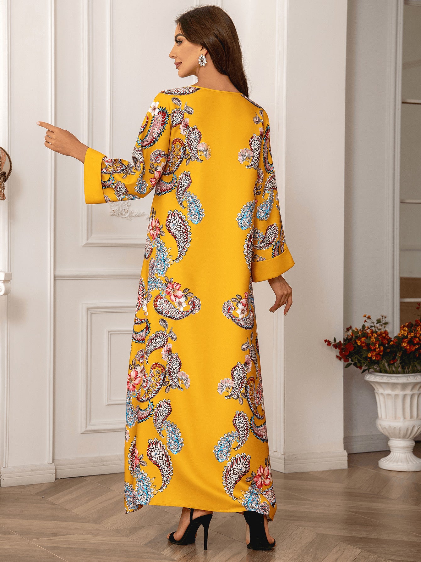Yellow Floral Print Long Abaya - Plus Size Beaded African Robe