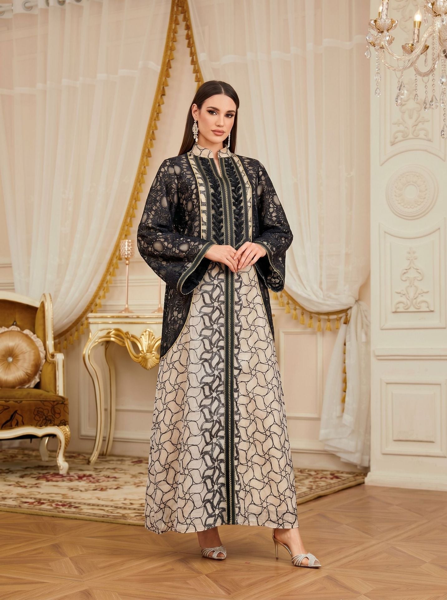 Luxury Banquet Sequin Embroidered Contrast Gown Jalabiya Modest Long Maxi Dress for Muslim Women Eid Ramadan Party S-XXL