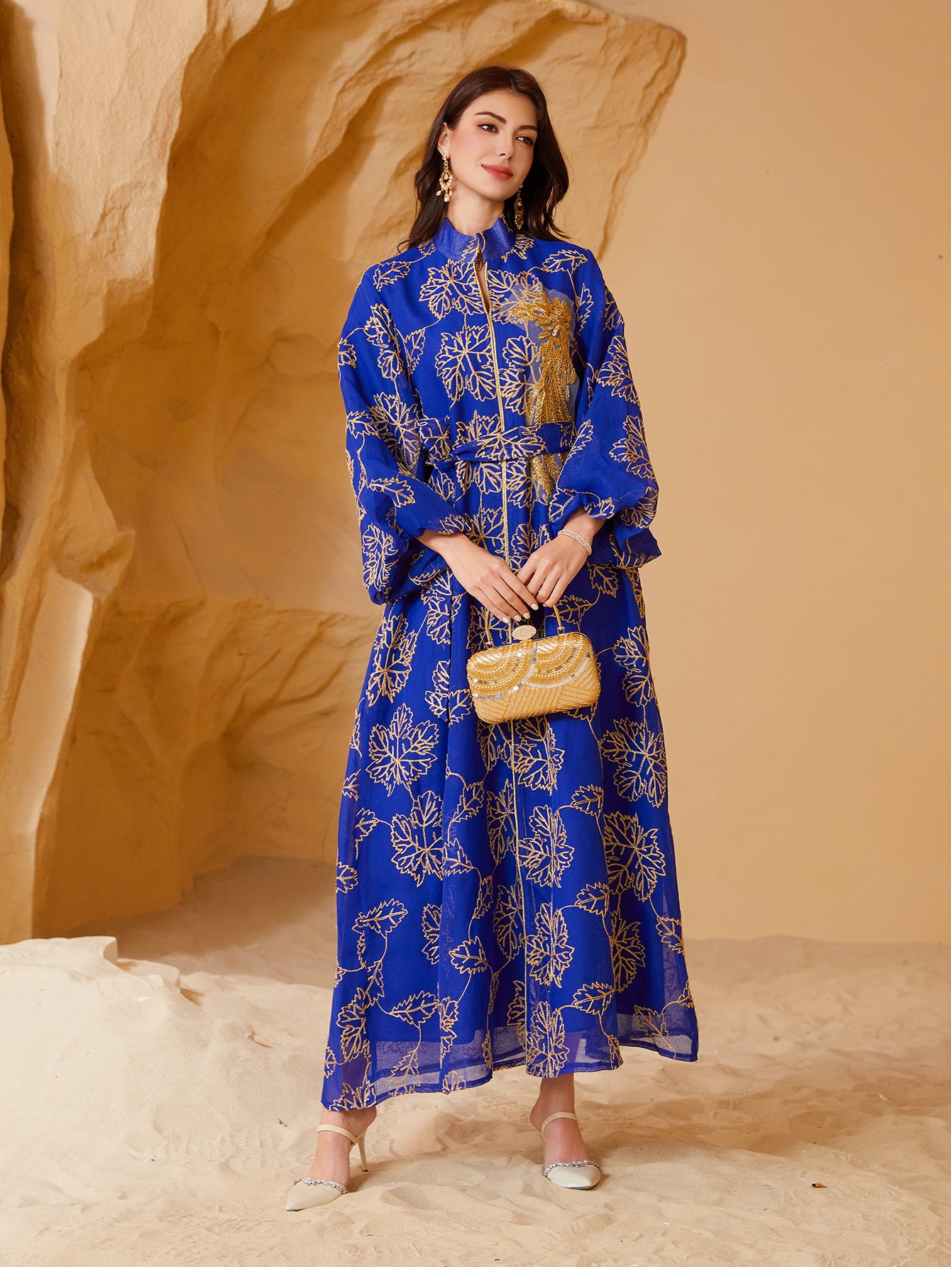 Luxury All Over Gold Print Middle East Kaftan Two Colors Stand Collar Lantern Sleeve Modest Ramadan Maxi Dress