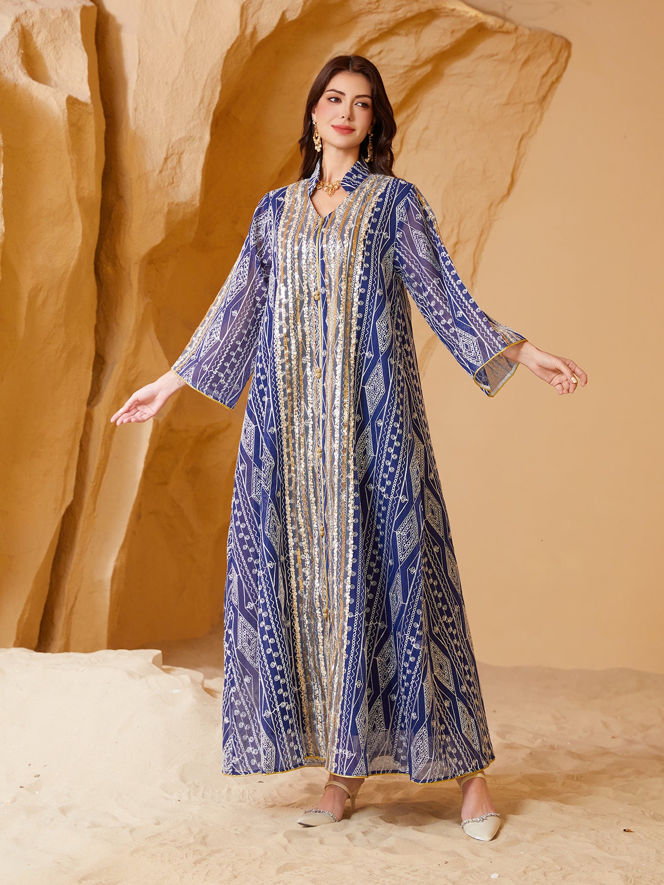 Gold Silver Geometric Line Print Organza Abaya For Women Notch Collar Three Quarter Sleeve Dubai Luxury Loose Muslim Kaftan Modest Maxi Dress For Eid Ramadan Wedding Evening Party 2 Colors
