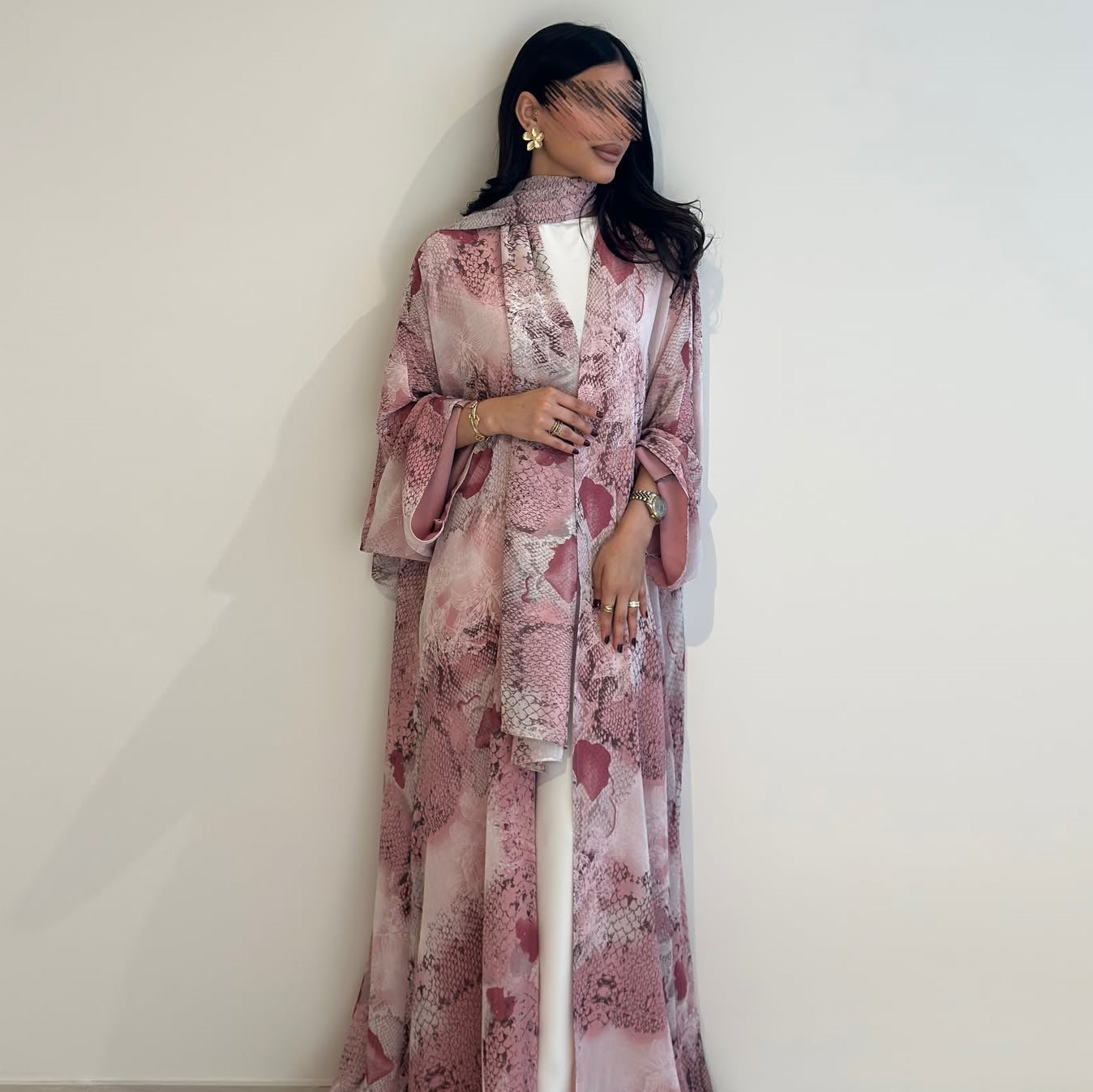 Pink Chiffon Floral Print Open Outerwear Maxi Dress with Hijab Two-Piece Set