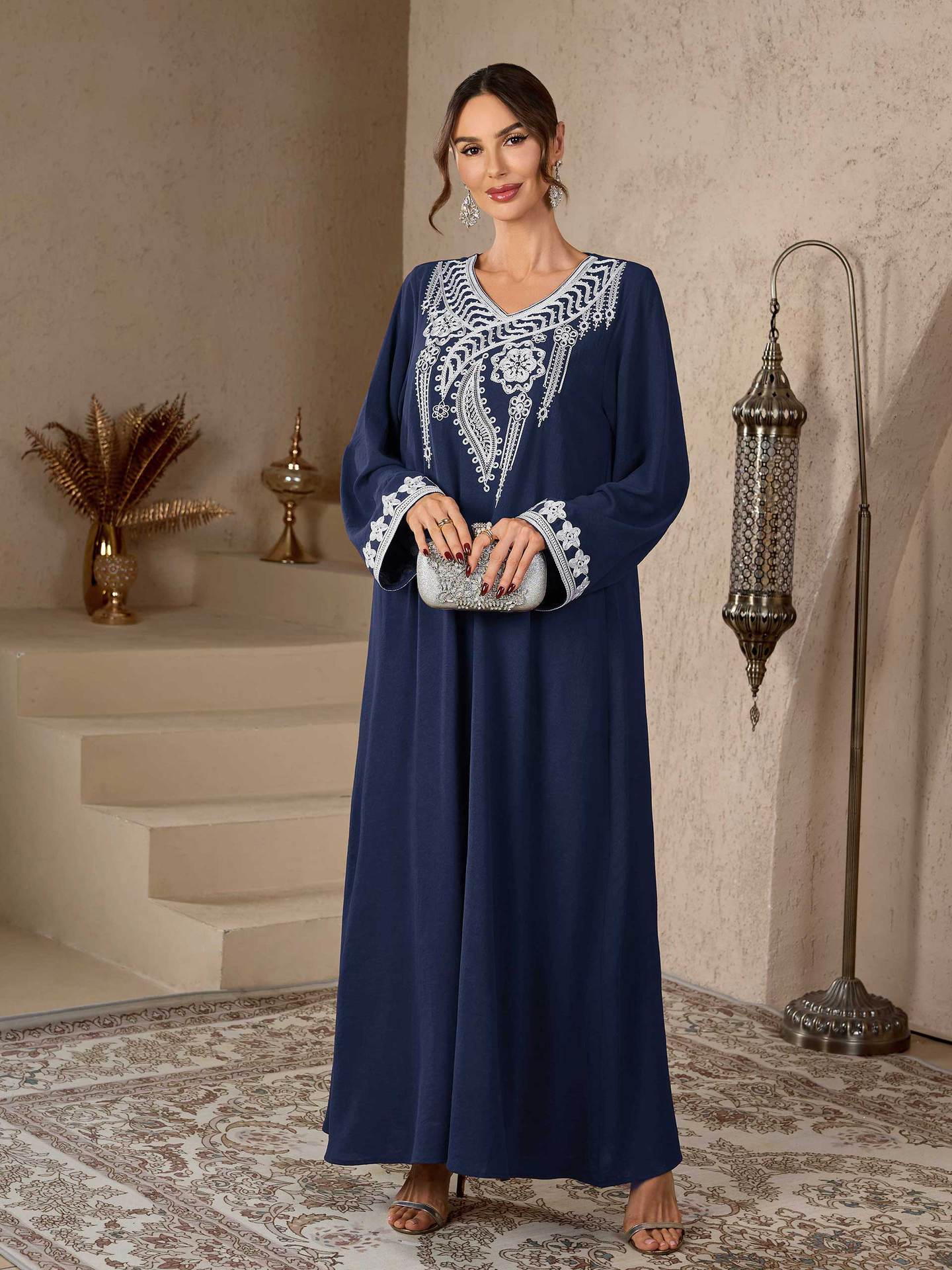 V-Neck Embroidered Kimono Abaya Maxi Dress Muslim Women Modest Long Jalabiya Kaftan Gown for Eid Ramadan Daily