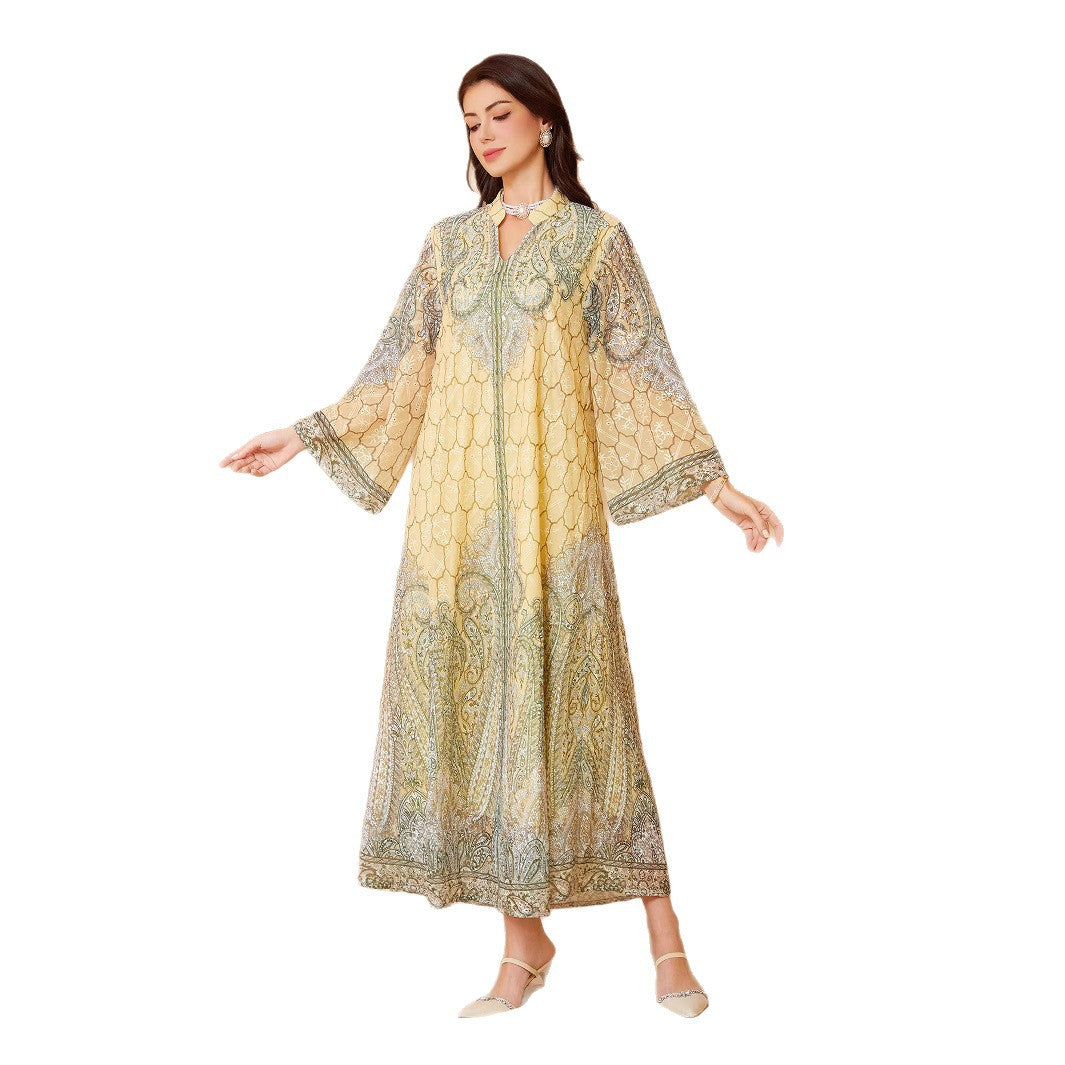 Exquisite Yellow Rhinestone Beaded Kaftan Abaya Maxi Eid Ramadan
