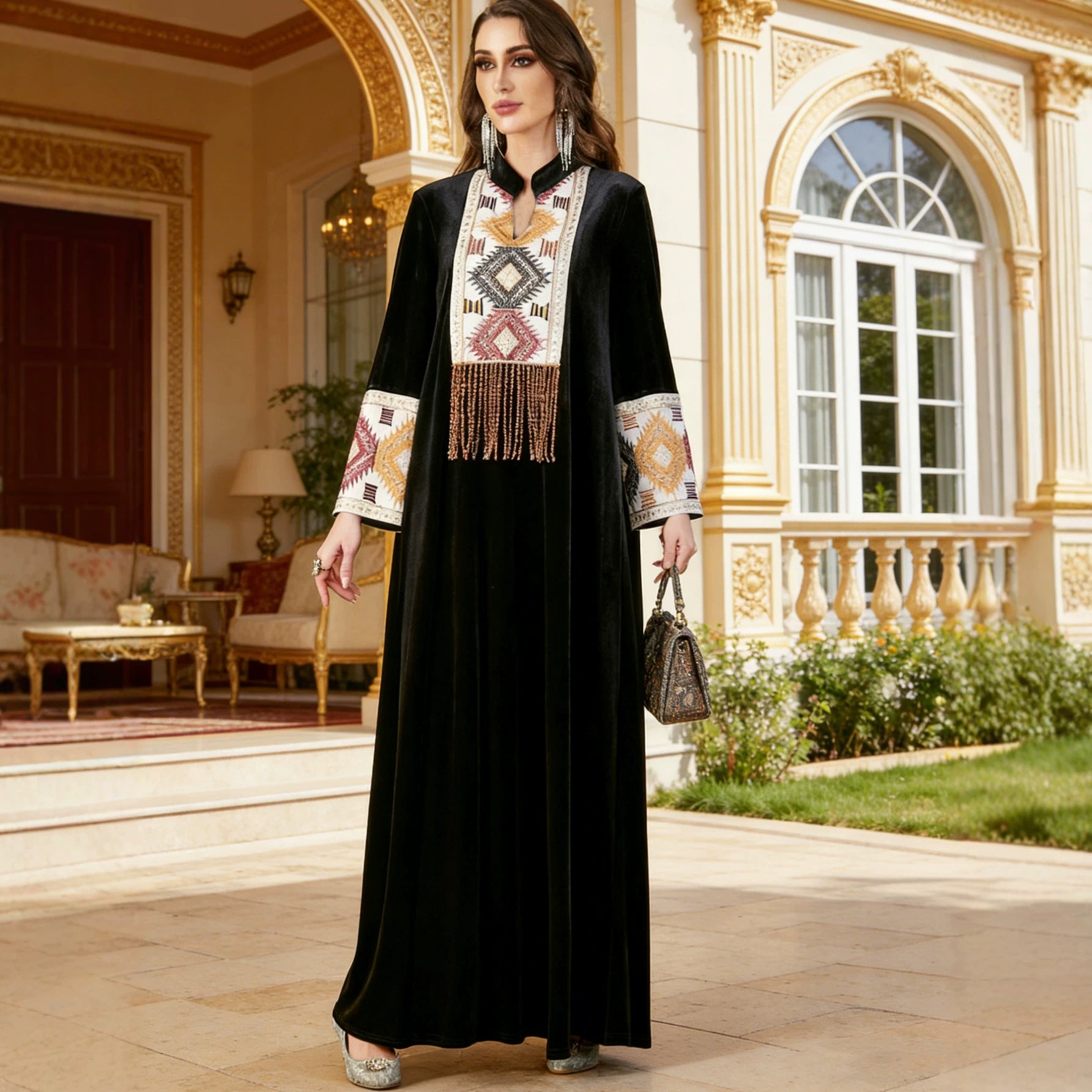 V-Neck Velvet Heavy Embroidered Maxi Dress Muslim Women Jalabiya Modest Long Gown Abaya Kaftan for Eid Ramadan Wedding
